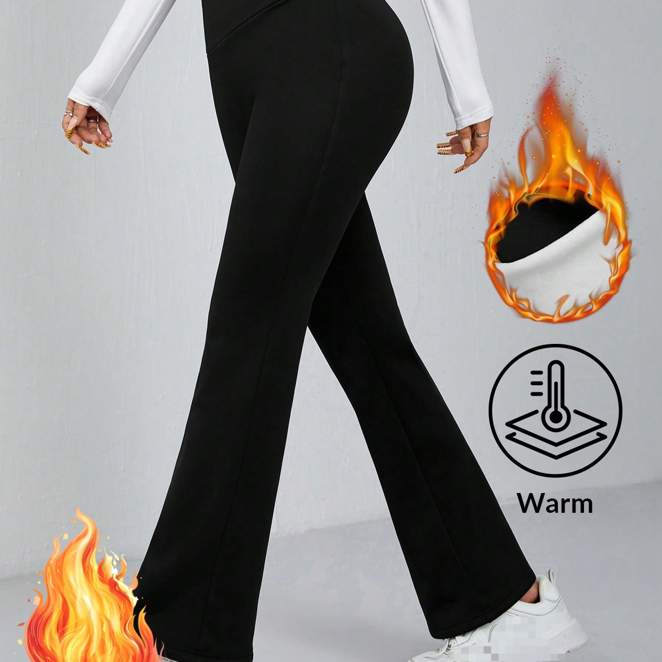 TEMU Pantalon d'automne-hiver pour femmes, épais, jambe droite, taille haute, pantalon évasé en très extensible