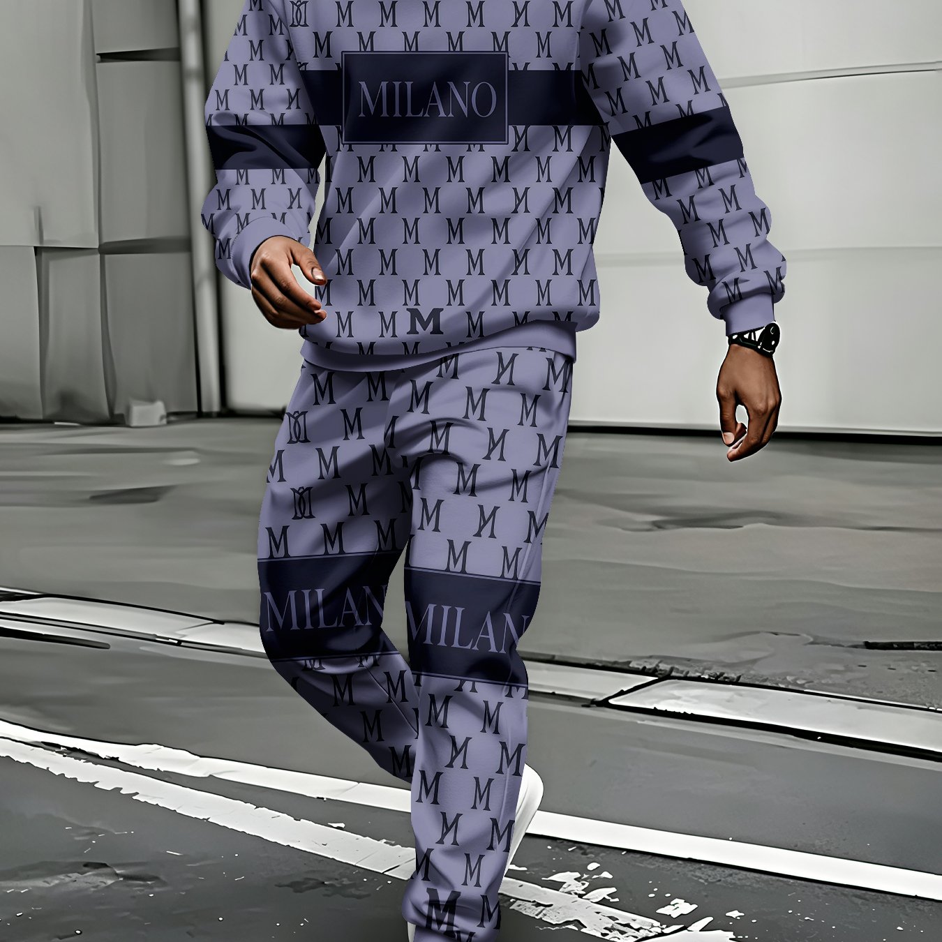 TEMU Vintage Light Luxury Monogram Men's Tracksuit, Classic Monogram Print High-end Brand Texture, Versatile Minimalist Premium Two-piece Set For
