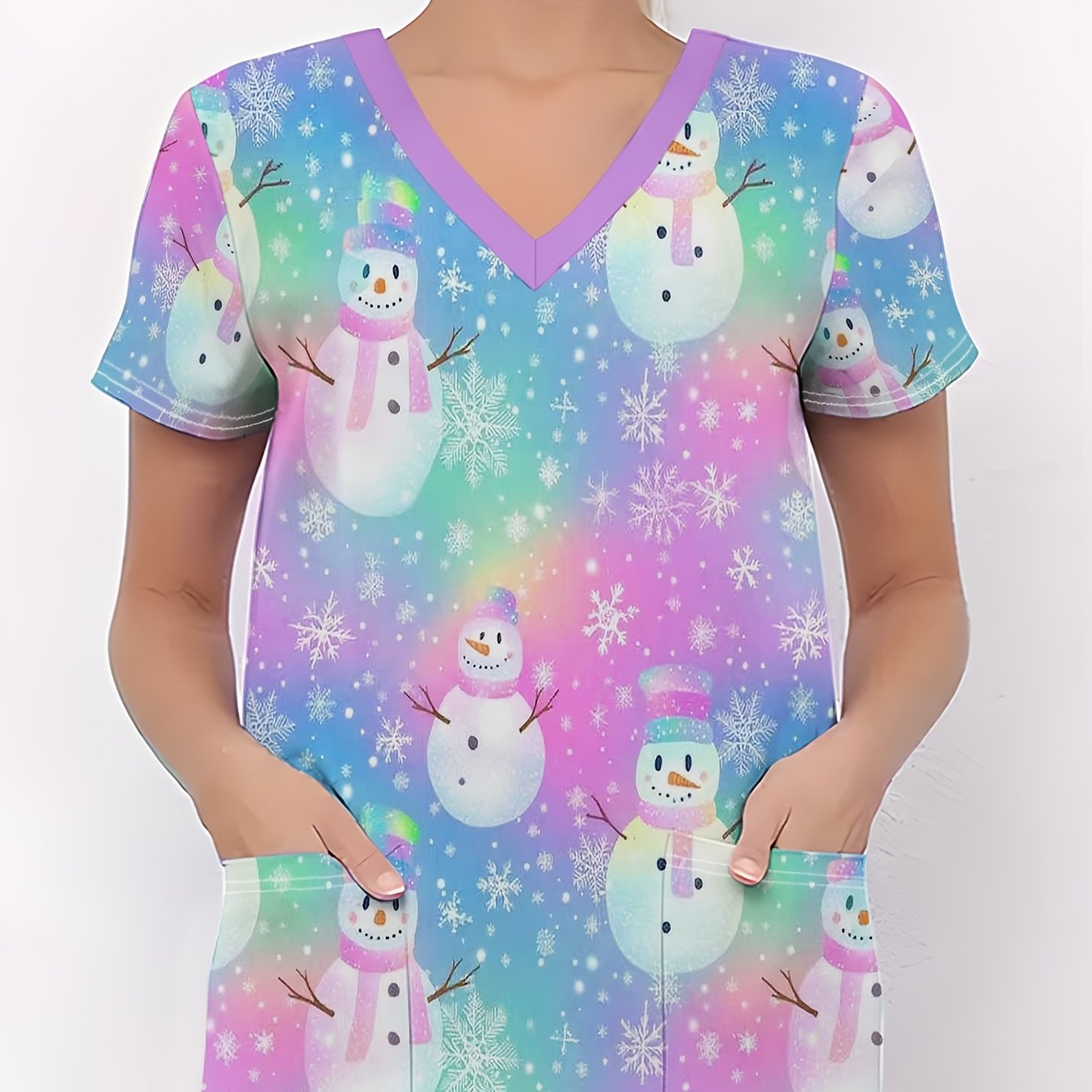 TEMU Christmas Women's Nurse Uniform, Cute Snowman Pattern Printed T-shirt On A Gradient Background, Christmas V-neck T-shirt With Pocket, Stylish