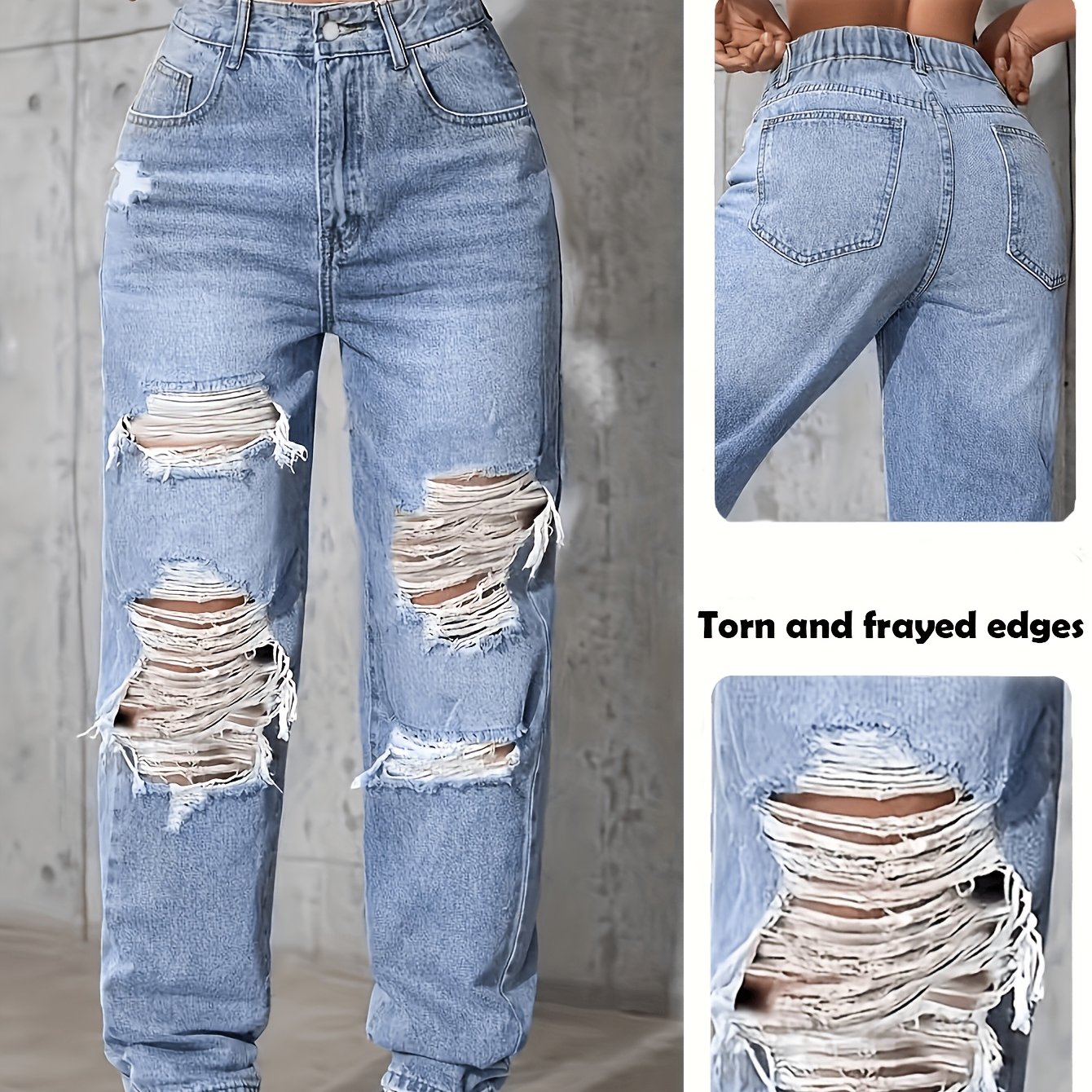 Casual Elastic Waist Women's Ripped Denim Wide-leg Long Pants