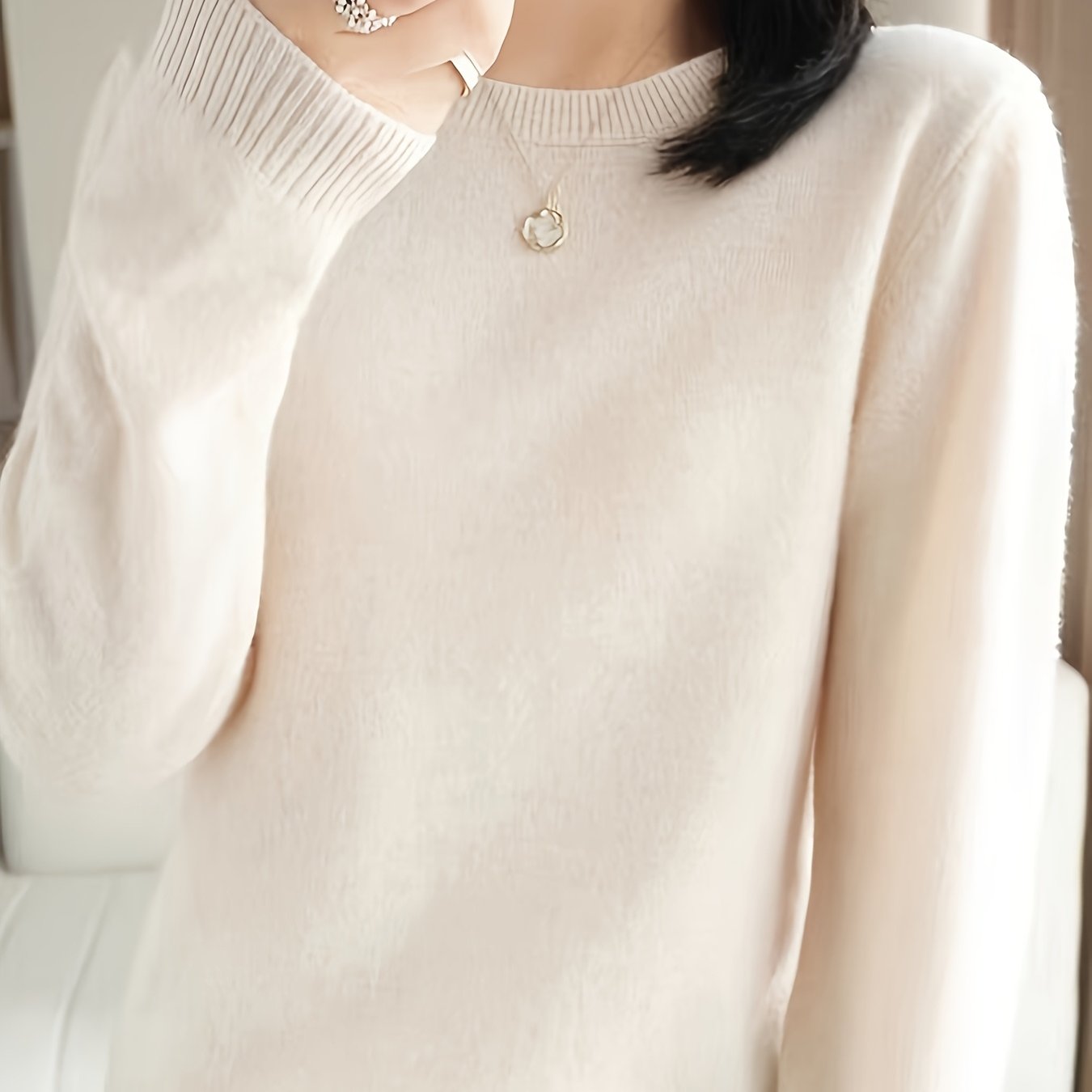 TEMU Korean Style Simple Solid Color Round Neck Pullover Sweater For Women, Spring And Autumn Casual Versatile Thin Base Layer