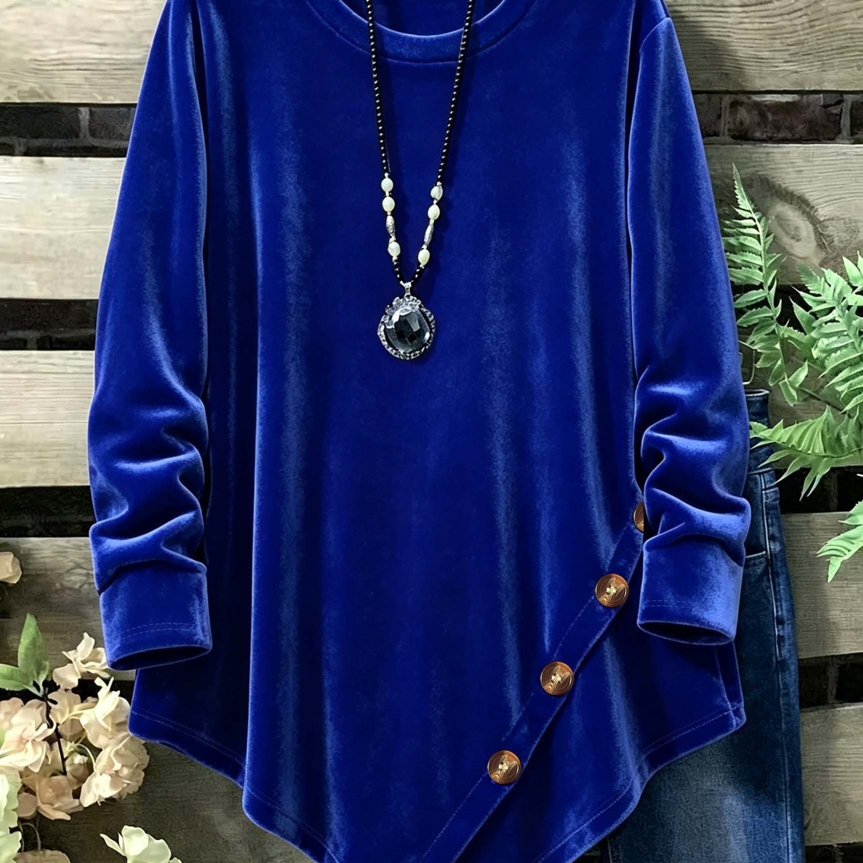 TEMU Plus Size - Round Neck Velvet Long Sleeve Top Women's Asymmetrical Cross-button Slit Hem Loose Body-covering Retro Solid Color Jacquard Casual