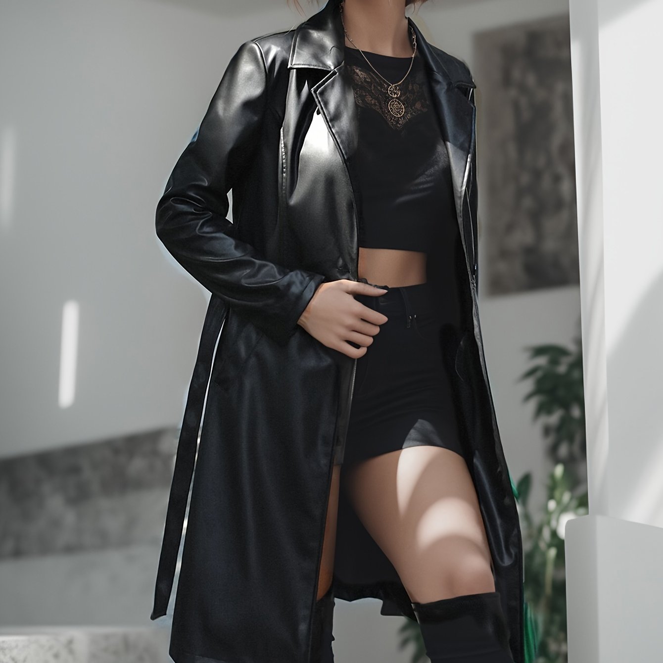 TEMU Pu Leather Lapel Coat, Casual Long Sleeve Versatile Outerwear, Women's Clothing