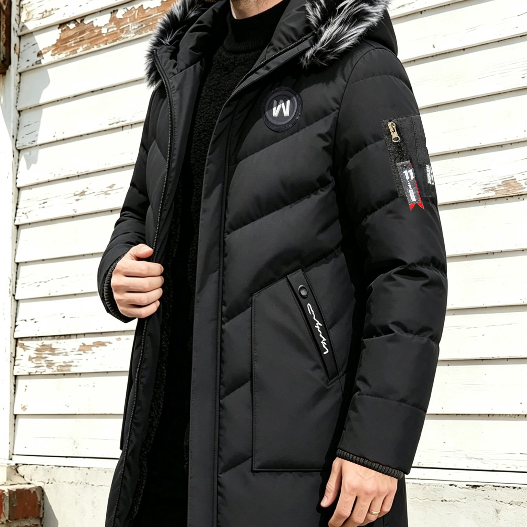 Image of Men's Mid-length Thick Warm Hooded Jacket, Fabric, Suitable For Autumn And Winter, Casual Sport Style, Windproof Casual Outerwear, With Pockets, Multiple Colors