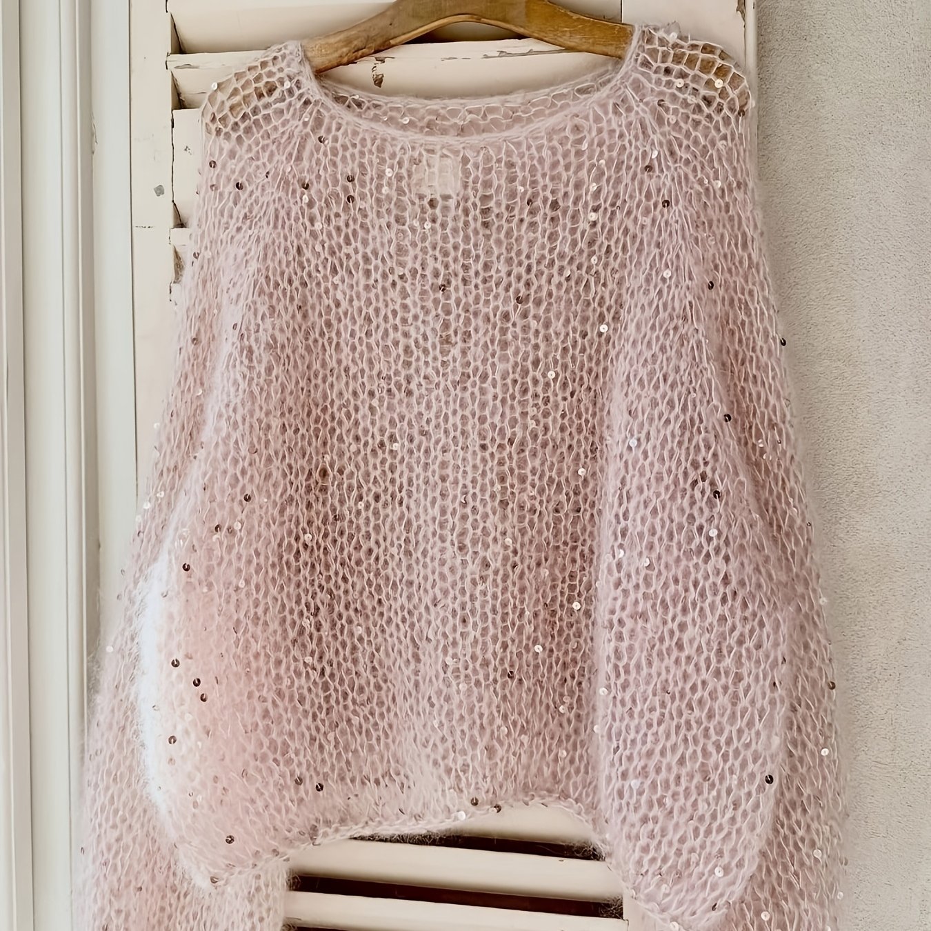 TEMU Light Pink Sheer Sequin Wool Oversized Round Neck Hollow Sweater Top