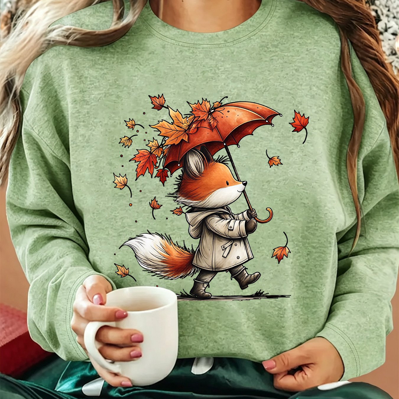 TEMU [2026 Women's Refresh] Women's Autumn Clothing, Umbrella In Fox Print Round Neck Long Sleeve T-shirt, Inner And Outer Wear, Sports Casual