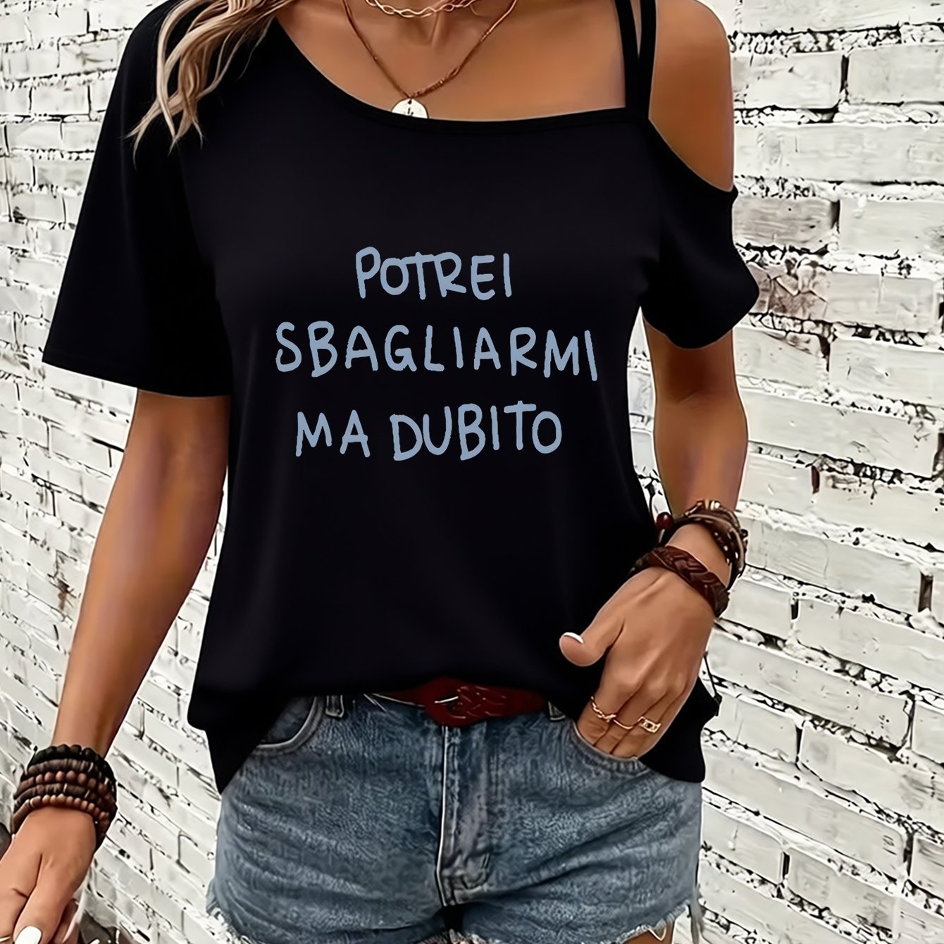 TEMU A "potrei Sbagliarmi Ma " Print Off-shoulder Strappy Short-sleeve T-shirt, Summer Street Style, Men's Breathable Casual Trendy T-shirt