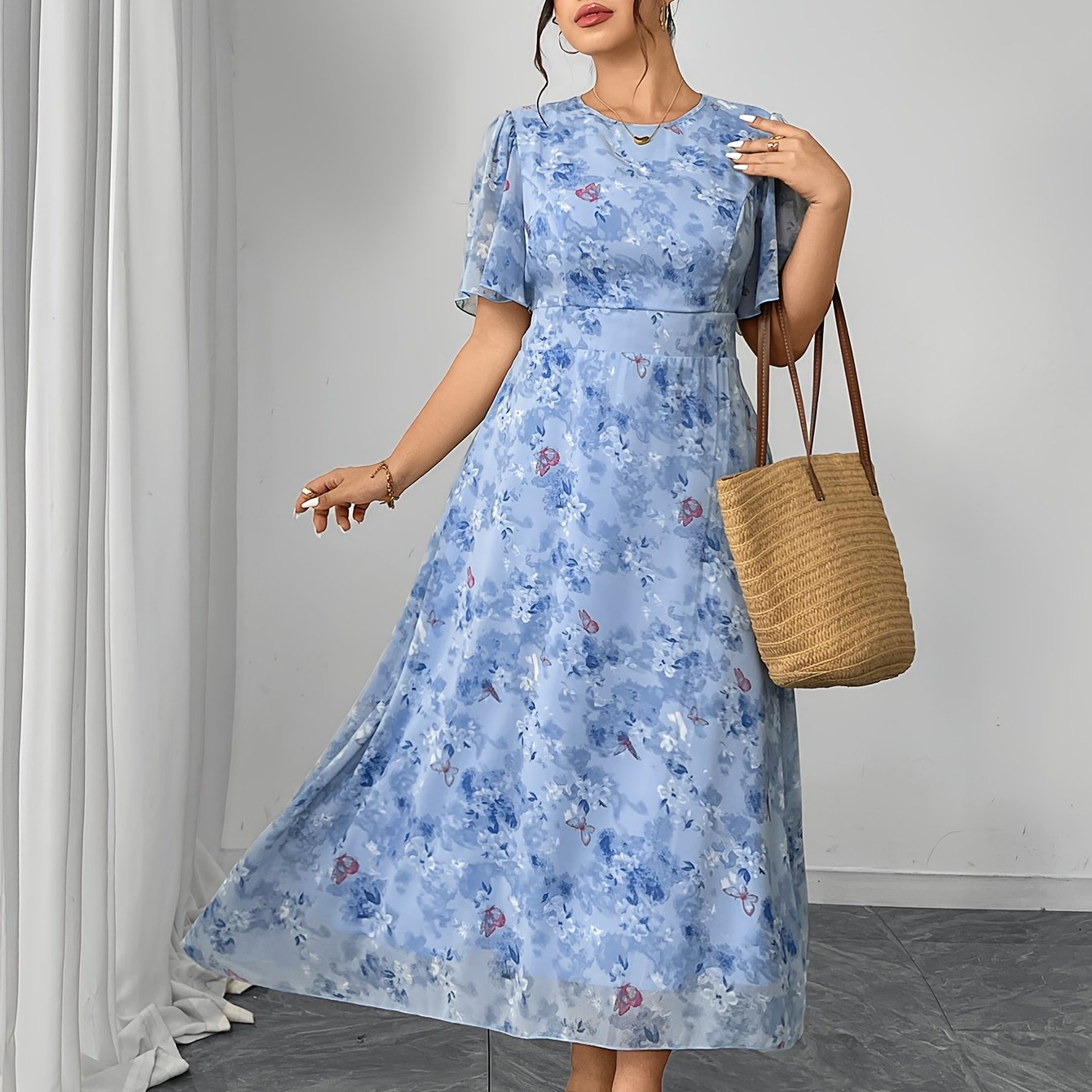 TEMU Plus Size, A Floral Print, Waist, Body-hugging, Fashionable, Elegant, Plus-size Women's Long Dress