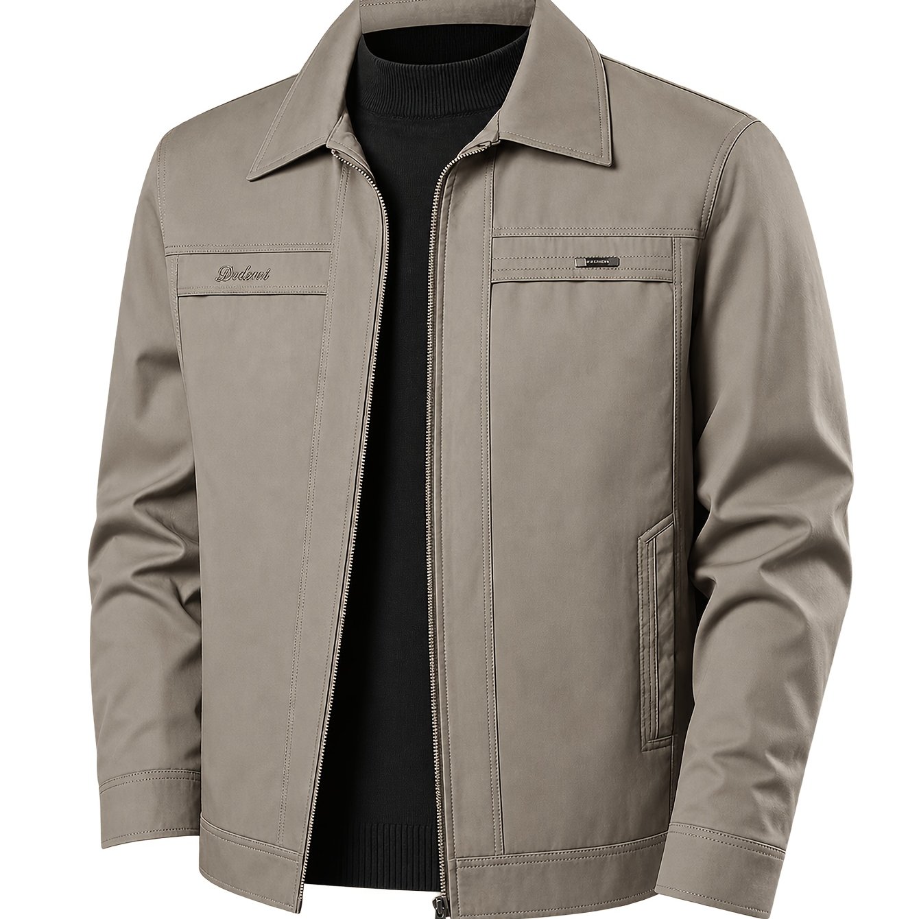 TEMU Lapel Jacket, Zippered Cargo Coat, Middle-aged Men's Spring/autumn Commuter Top, Multi-pocket, Embroidered Decoration, Casual All-match
