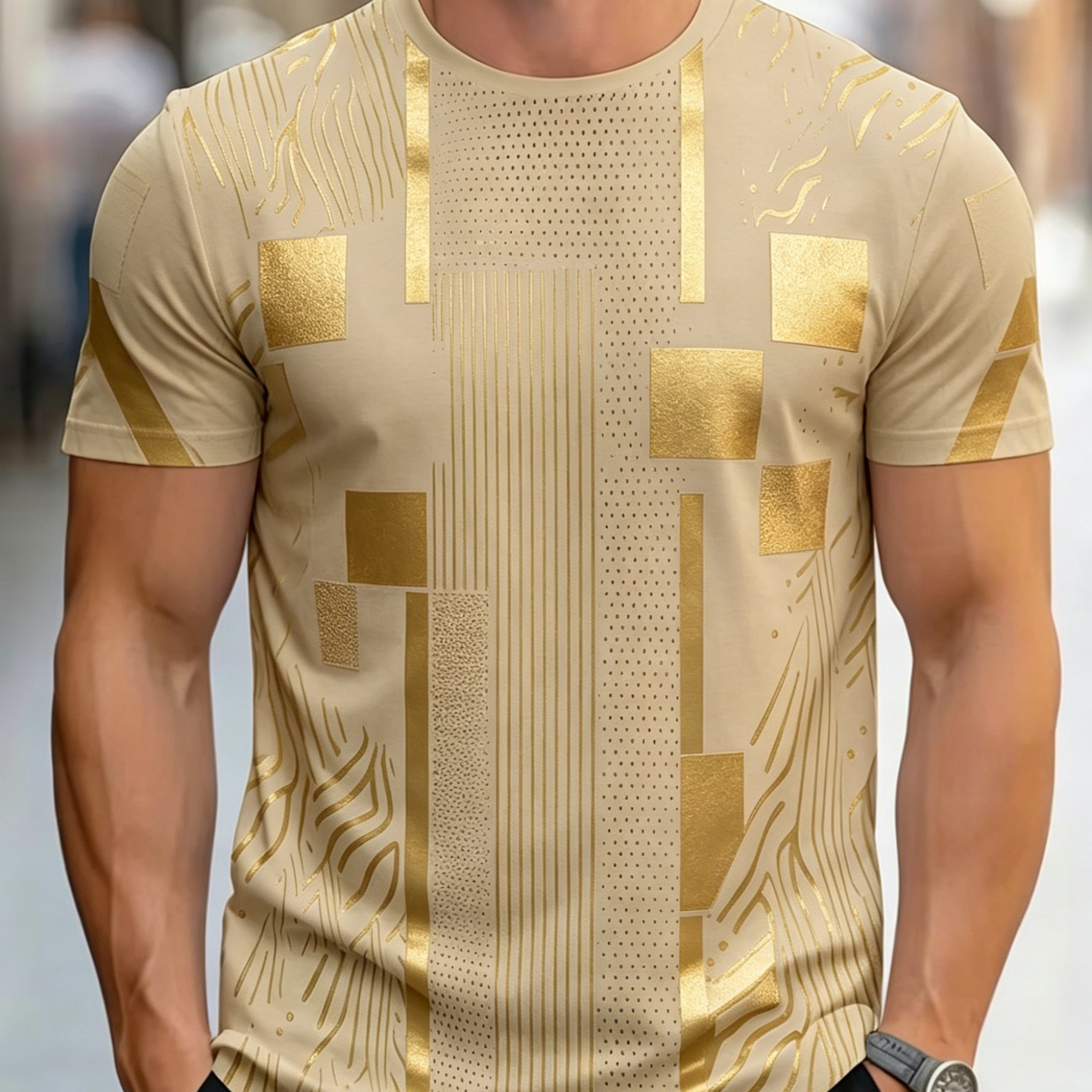 TEMU [printed Design - Not Textured /2d Printing] Light Luxury Geometric Hot Foil T-shirt Men's Plus Size Men's Short Sleeve T-shirt Plus Size Loose