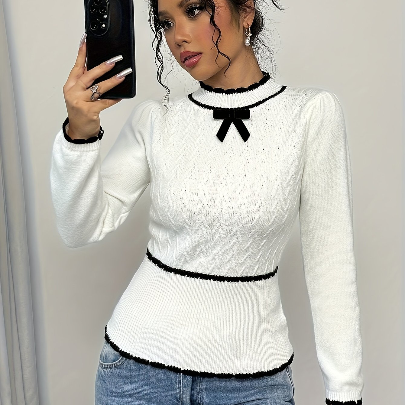 Image of Women' Long Sleeve Fitted Sweater, Contrast Stripe Detail With Bow Neckline, Sweet Elegant Style For Casual , Valentine's Day Shopping, And Dates
