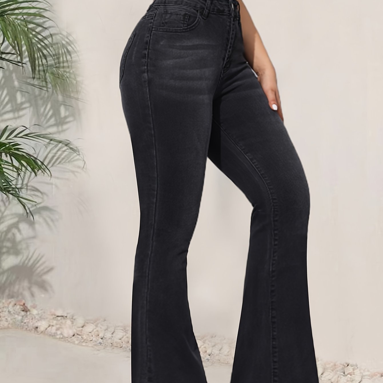 Fashionable Versatile Black High-waist Stretch Frayed Hem Women's Jeans Flared Pants
