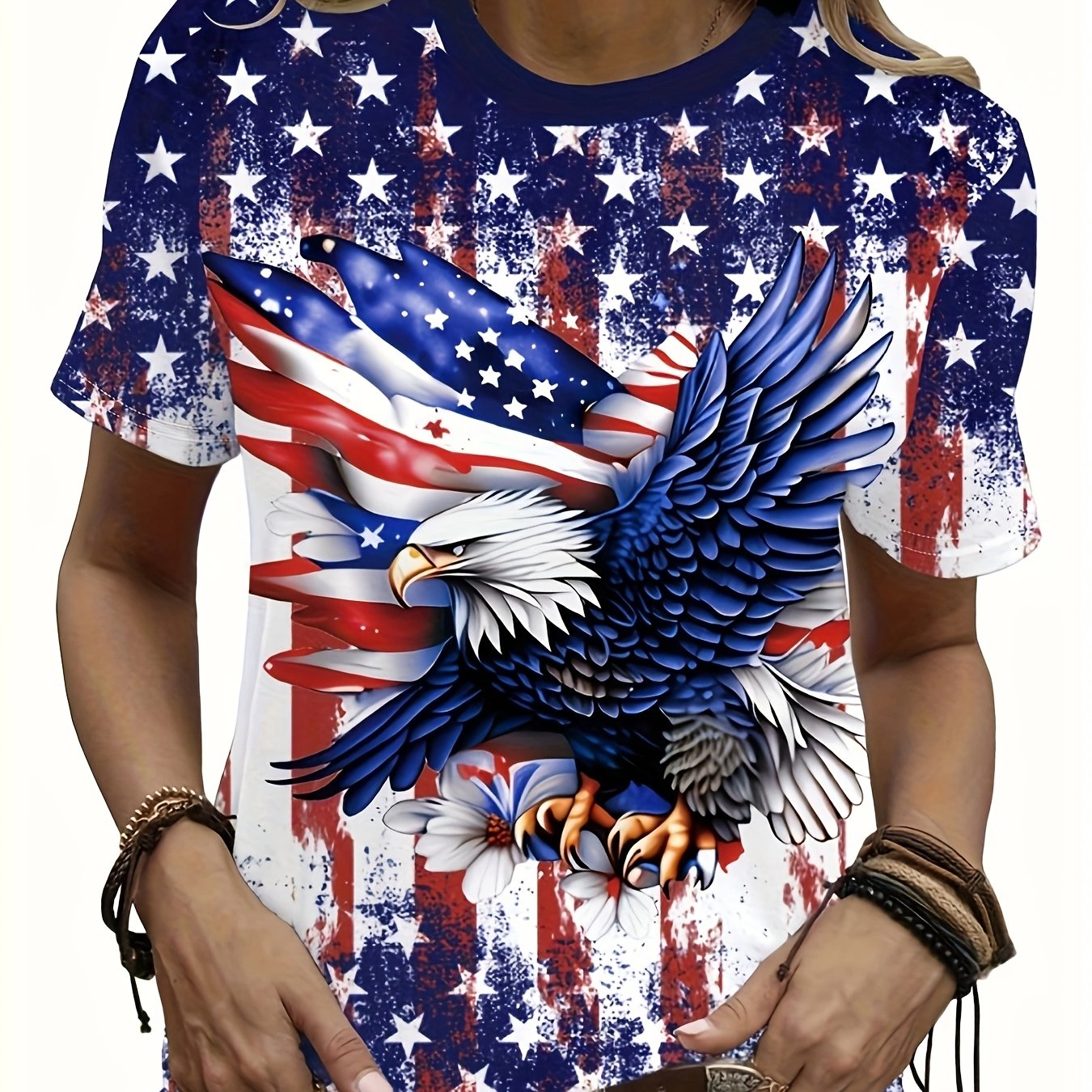 TEMU Women's Patriotic Eagle & American Flag Graphic T-shirt - Casual Short Sleeve Round Neck Tee, Vibrant Colors, Machine Washable, , American Flag Shirt, Comfortable Clothing, , , Durable Print