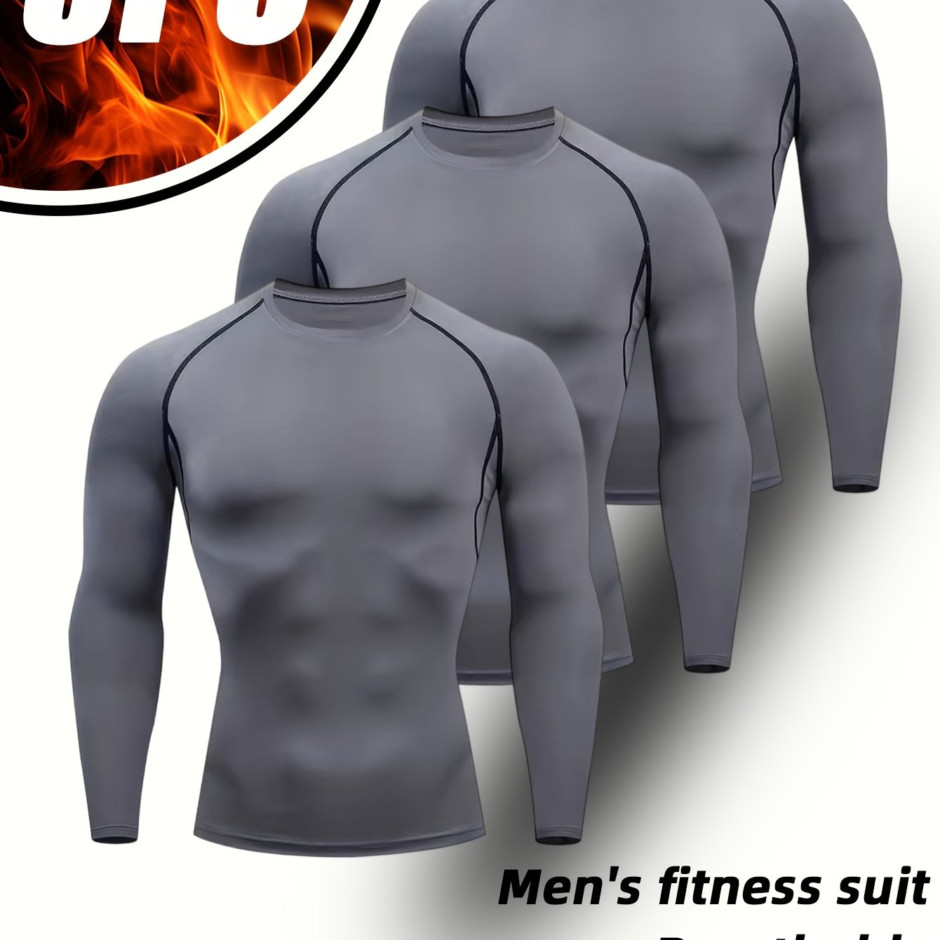 TEMU 3pcs Men's Slim Fit Compression Long Sleeve Sports T-shirt, Solid Color Figure-flattering - Quick-drying, Breathable, High-stretch Fabric,