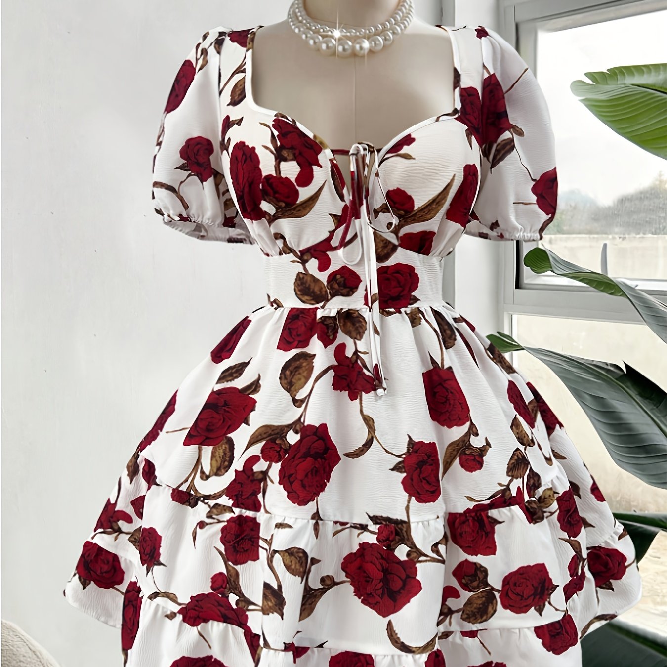 E-shop Frühlings- Herbst-Damenkleid mit süßem Rosenprint, quadratischem Ausschnitt kurzer Länge ASD1