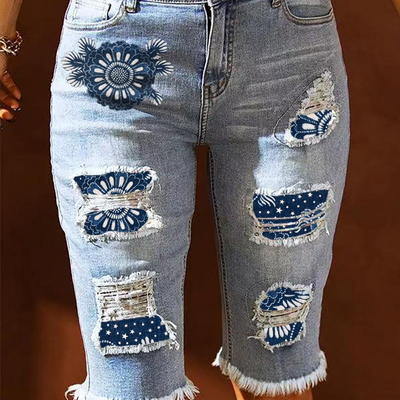 Image of Women's Denim Shorts Summer New Style Printed Ripped Jeans Elastic Slim Fit With Frayed Edges 5-point Mid Length Pants