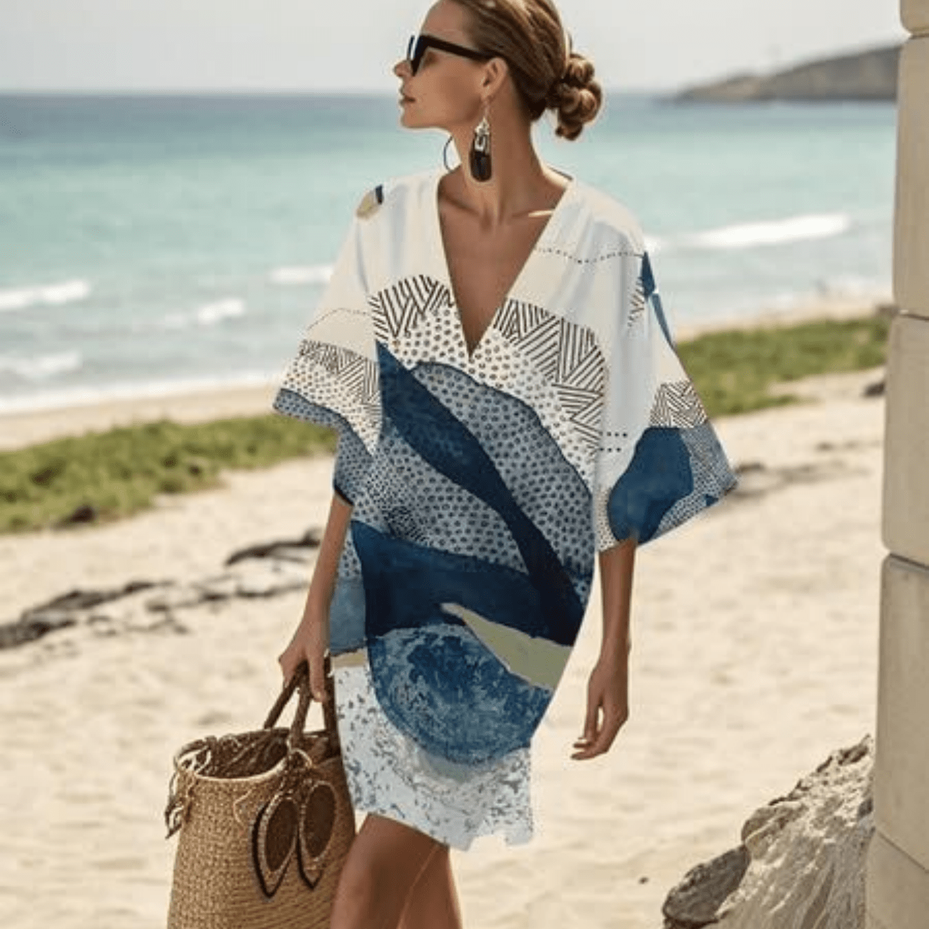 Image of Women's Blue And White Geometric Print V-neck Dress, Artistic Vacation Loose Midi Dress