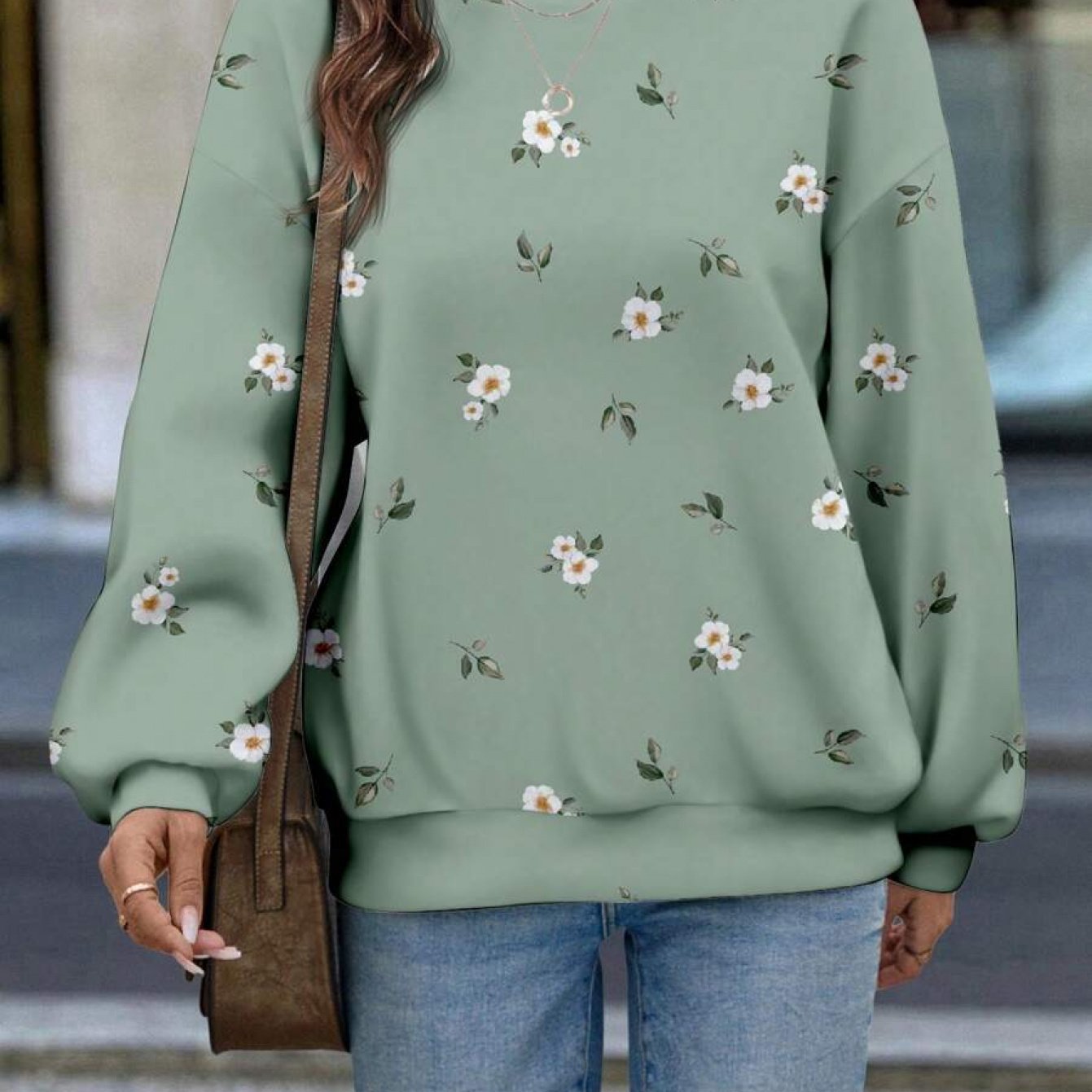 TEMU Printed Design â Not Textured Casual Simple Floral Print Loose Neck Long Sleeve Women's Sweatshirt, Suitable For Daily Commuting Wear