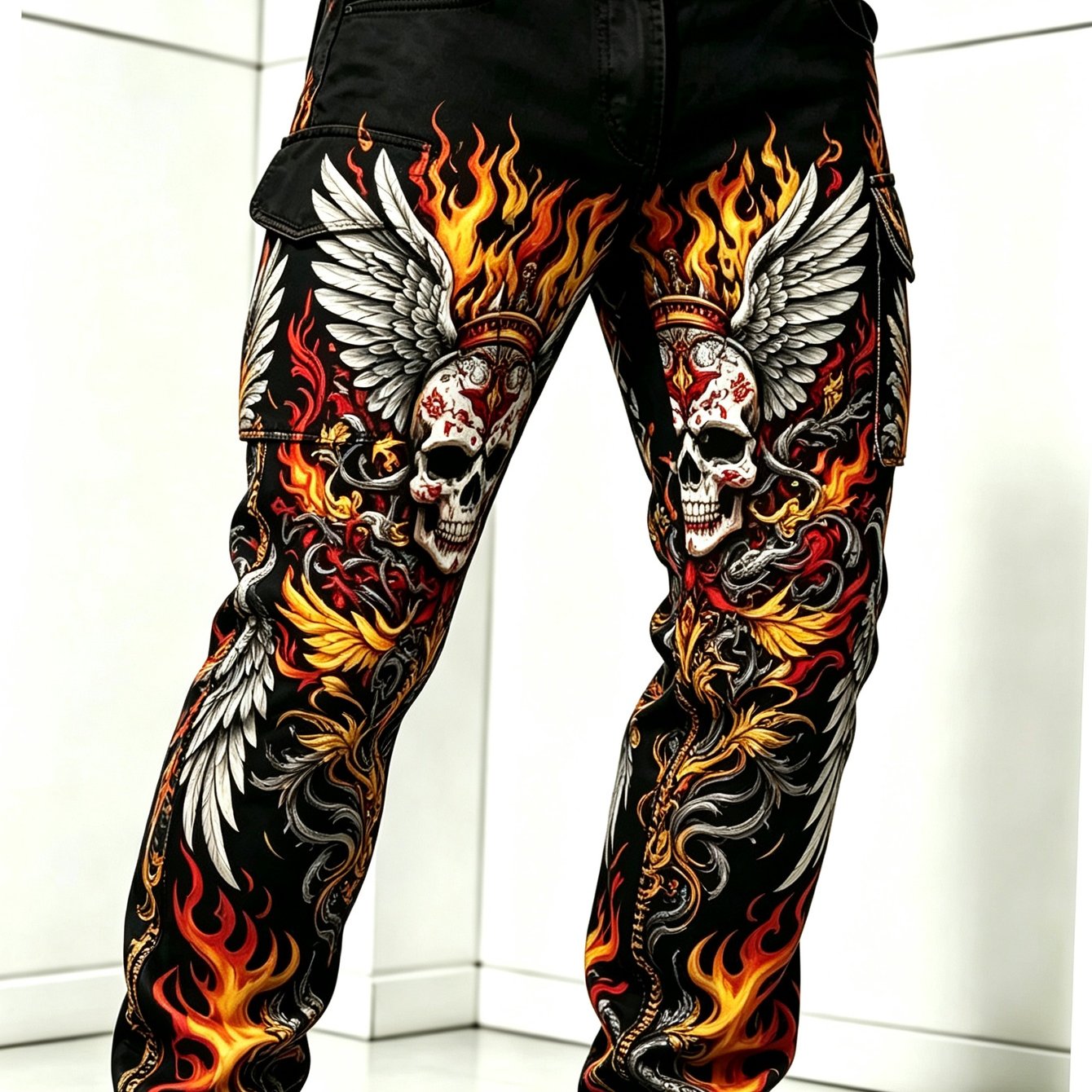 Image of Plus Sizedark And Flame Skull Wing Loose Straight Work Pants, Perfect For Halloween And Thanksgiving Gifts, Casual And Versatile Men's Pants For Teenagers Back To , Plus Size