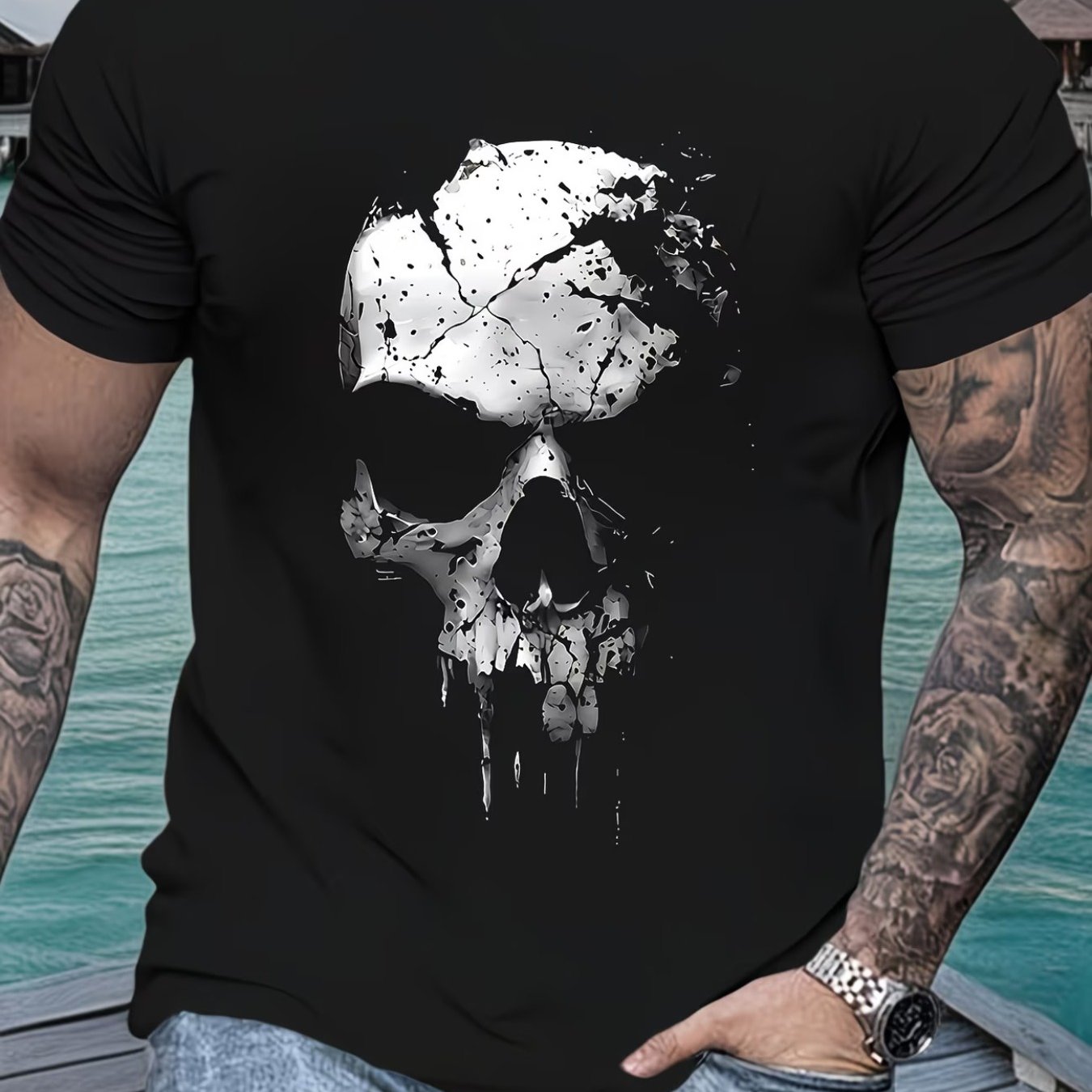 TEMU Crushed Print Men's T-shirt, Style Casual Short-sleeve Top, Distressed Cracked Men's T-shirt, Dark Gothic Versatile Black Tee