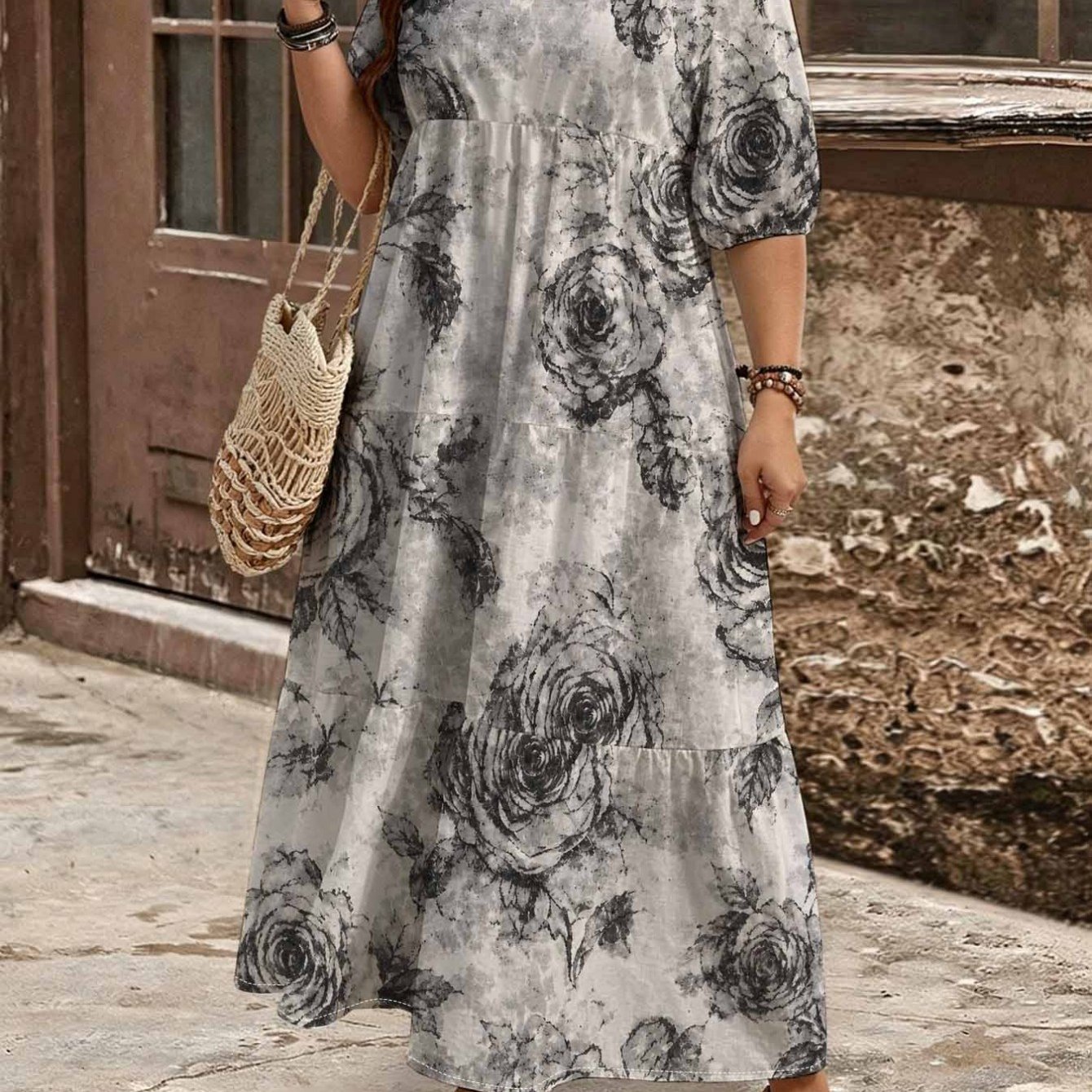 Image of Plus Size, Summer Plus Size Printed Bubble Shortsleeved Maxi Dress For Women. Layered Cake . Vintage Retro Elegant Loosefitting Holiday Resort Dress With Comfy Breathable Fabric.