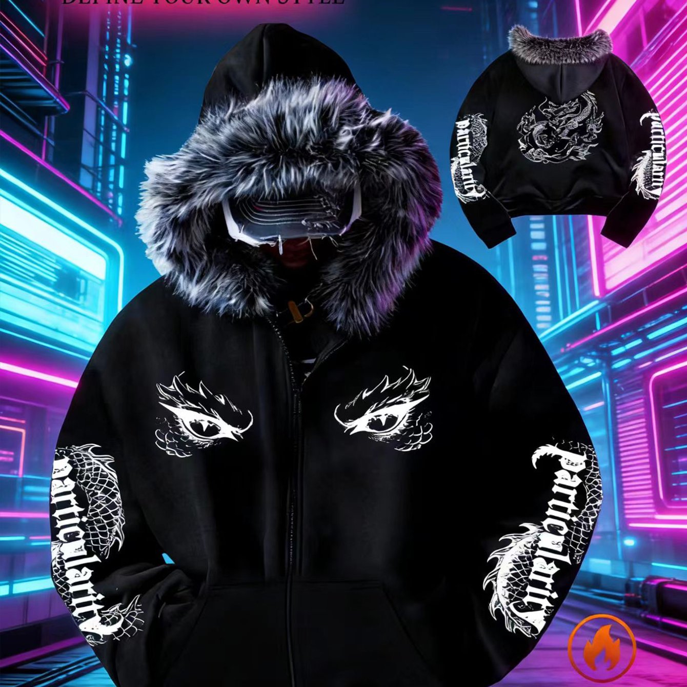 TEMU Western Street Hooded Coat, Popular Trendy Mysterious Dragon Element, Dragon Eye , Dragon On Back