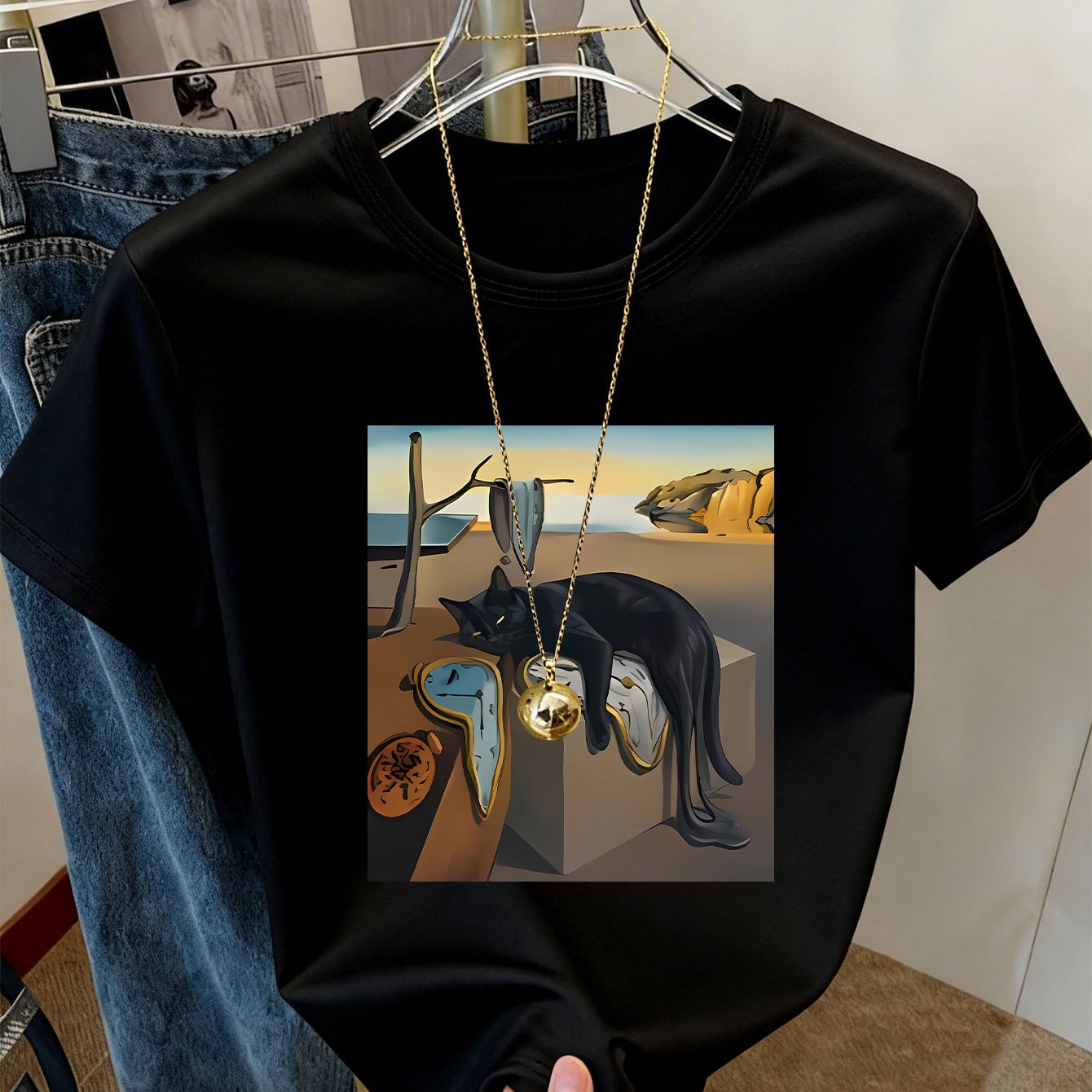 TEMU Walking A , Women's Casual Athletic Short Sleeve T-shirt, Printed With Style Melting Clock And Black Cat Pattern T-shirt, Elegant Casual , And