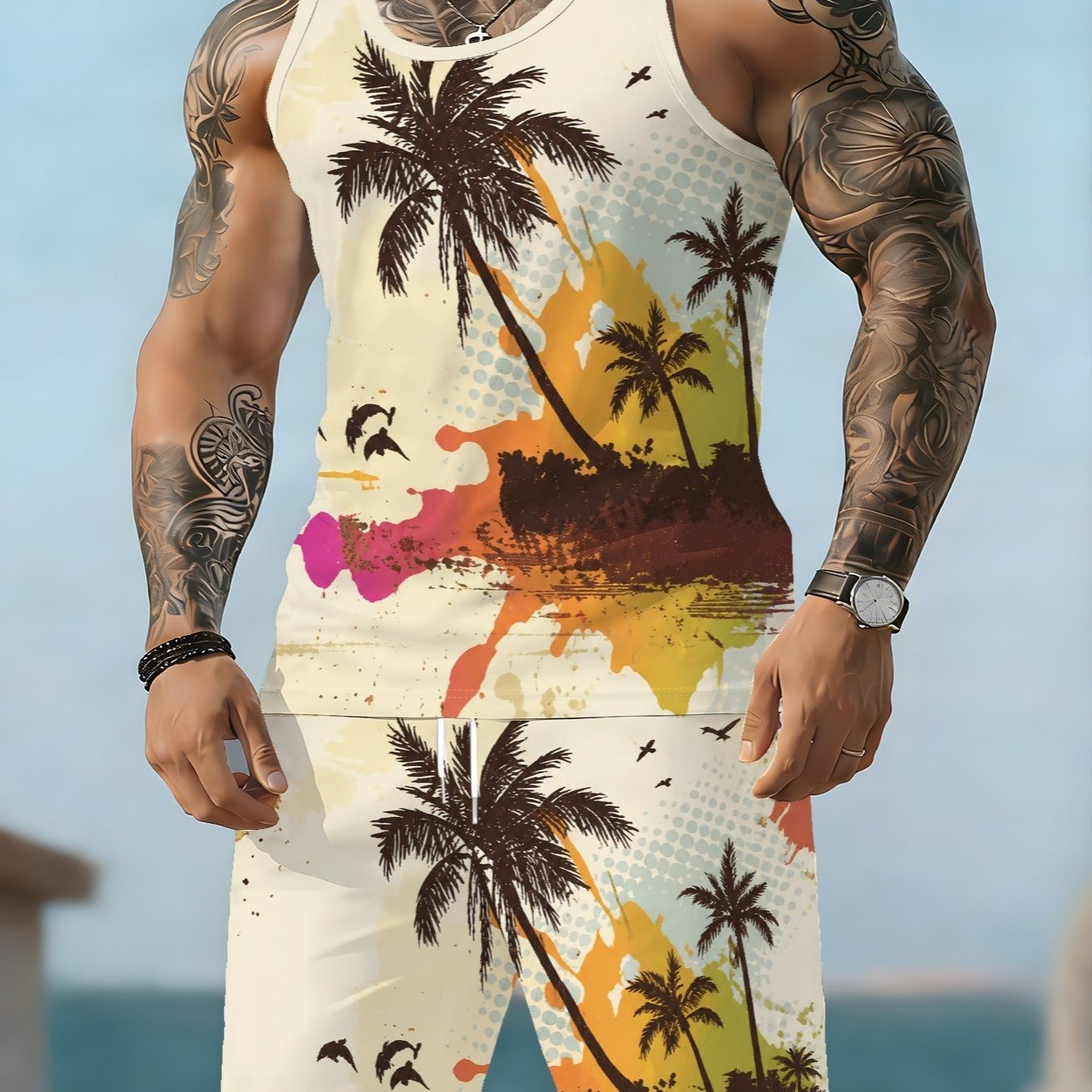 TEMU Men's Casual 3d Printed 2pcs Set: Casual Tank Top + Drawstring Athletic Shorts, Summer Outdoor Leisure Men's Vest Set