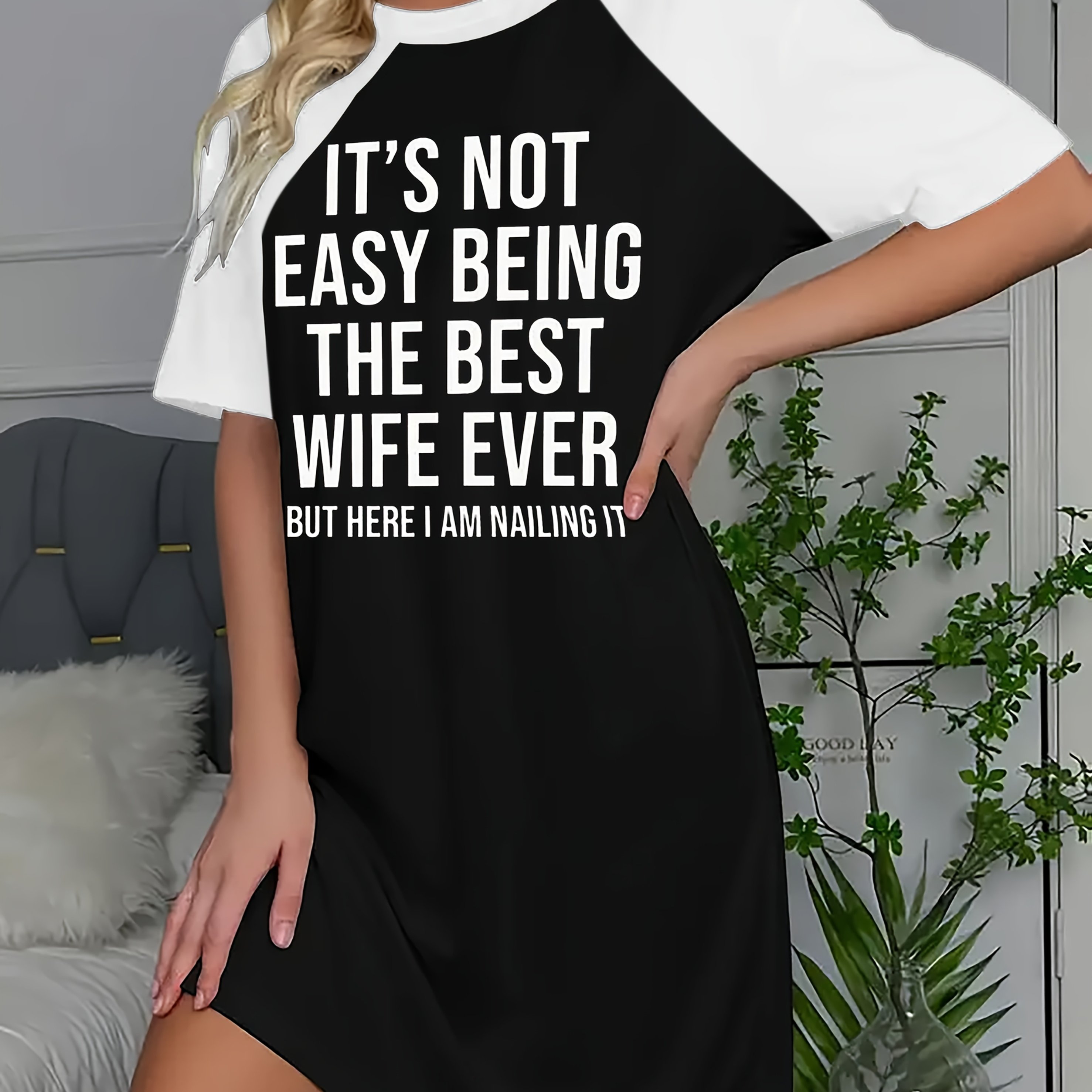 TEMU Hot Letter Printing Long Edition T-shirt Sleeve Color Dress Black And Printing