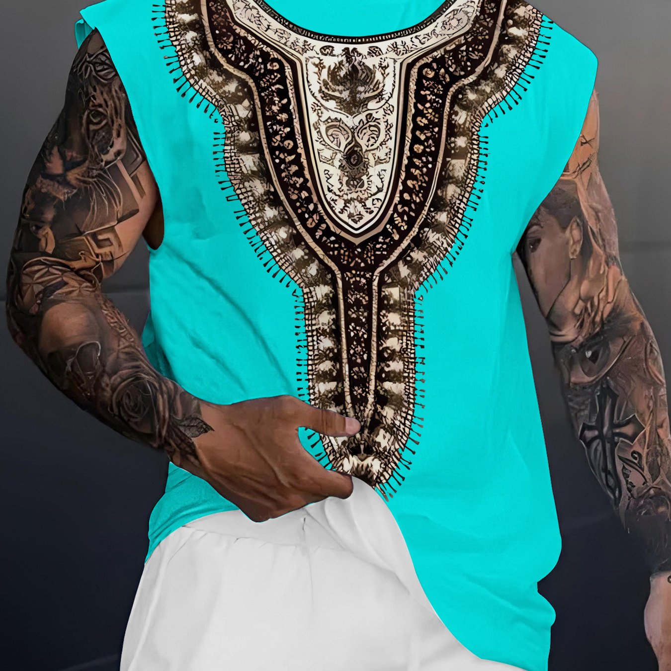 Men's Plus Size Wide-strap Tank Top, Ethnic Totem Print Sleeveless T-shirt, Relaxed And Trendy Summer Top, Retro Pattern Breathable Sports Vest, Stylish For Street And Gym Wear