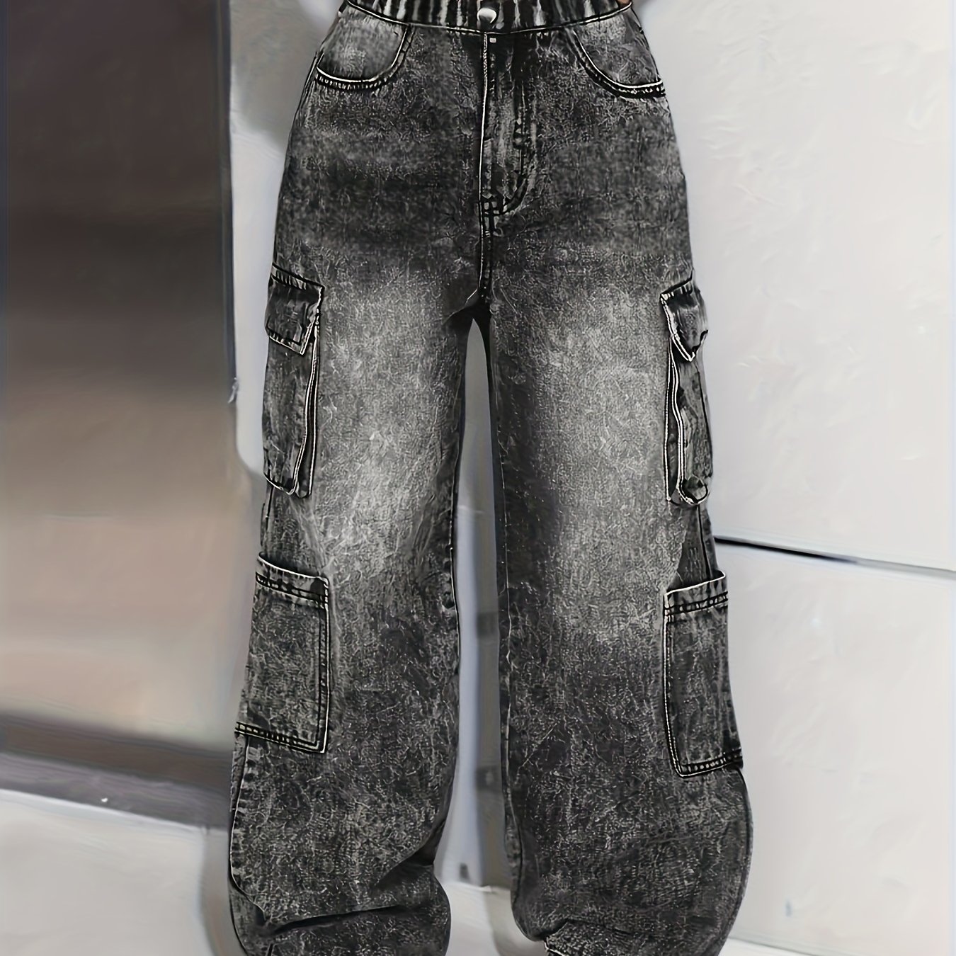 Image of Street-style Cool Casual Denim Pants | Multi-pocket Workwear Design, Wide-leg Jeans, A Must-have Fashion Item For Girls To
