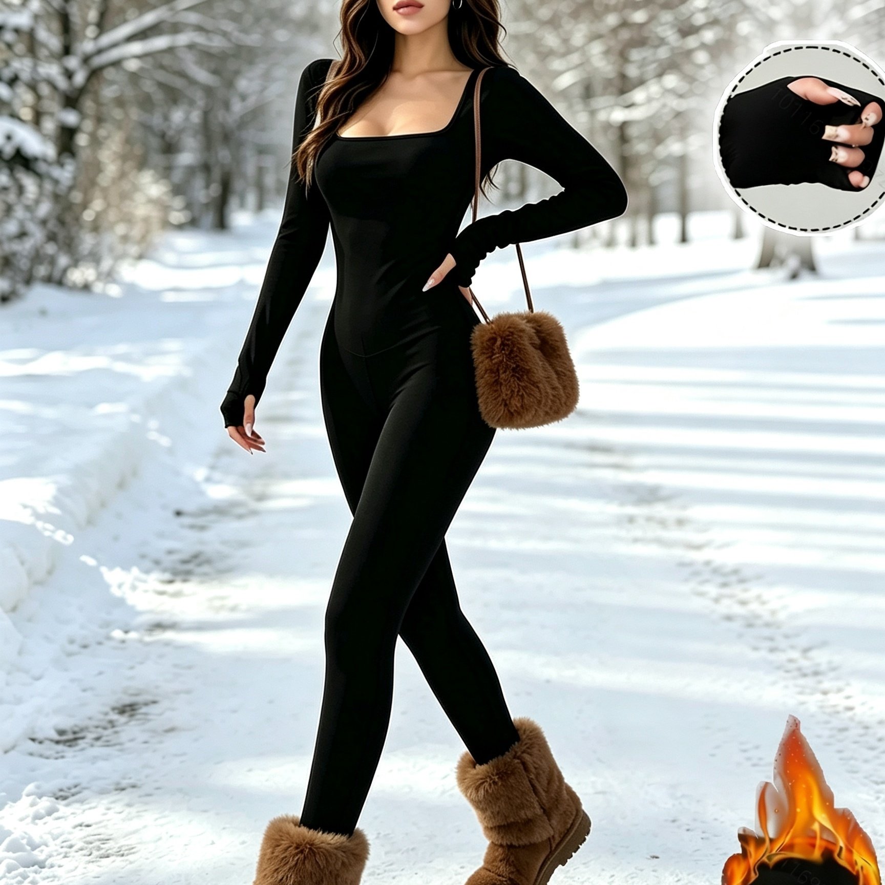 TEMU Autumn Women's Long Sleeve Jumpsuit, High Elasticity Fabric, Machine Washable