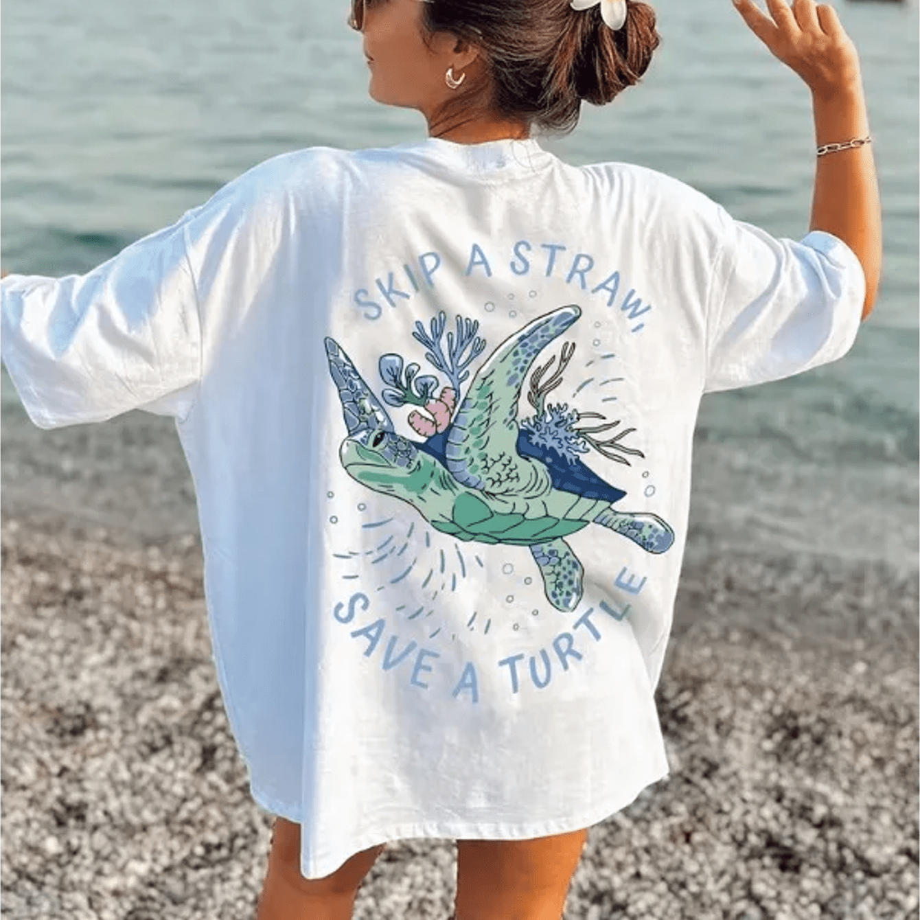 Image of Plus Size Letter Sea Turtle Print T-shirt Ocean Sea Turtle Coral Graphic's Oversized Crew Neck Casual Tee For Summer Daily Wear Big And Tall, Plus Size