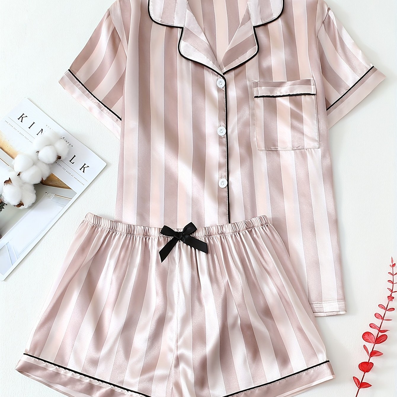 TEMU Two-piece Satin Striped Spring/summer Pajama Set With Short Sleeves, Turned Collar, Top And Bow Shorts, Suitable For Home Use