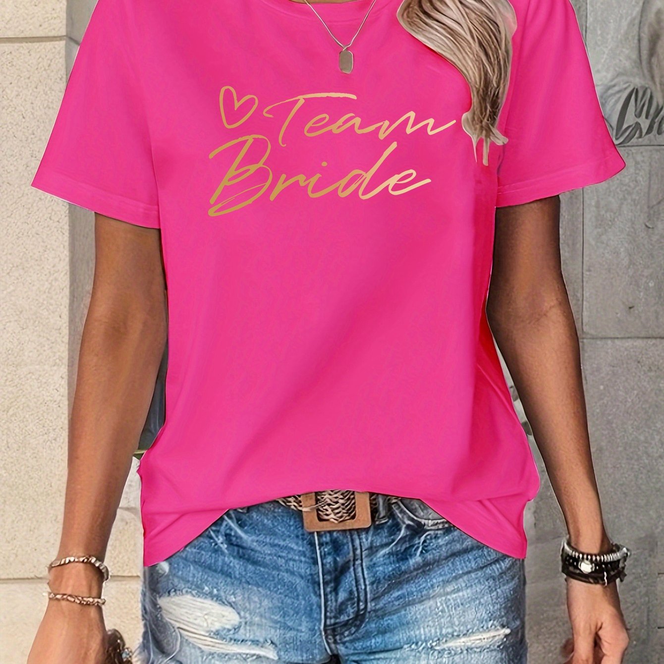 TEMU T-shirt imprimé "" pour femme - Tissu en polyester tricoté décontracté, col rond, manches courtes, confort toutes - Haut d'équipe ""