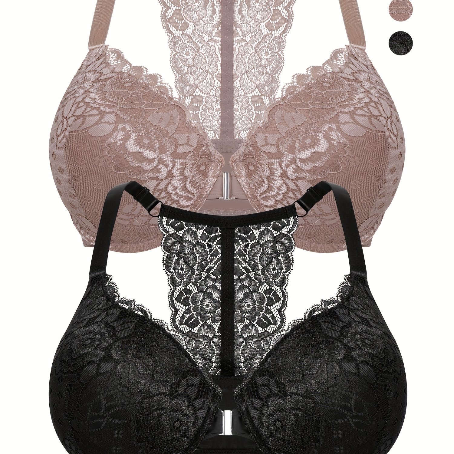 Image of 2pcs Plus Size Lace Front Closure Bras For Women, Comfortable Lace T-shirt Bra, Sexy Lace Racerback Bra, Ultra Soft And Lightweight, Lightly Lined, Women's Lingerie, Underwire