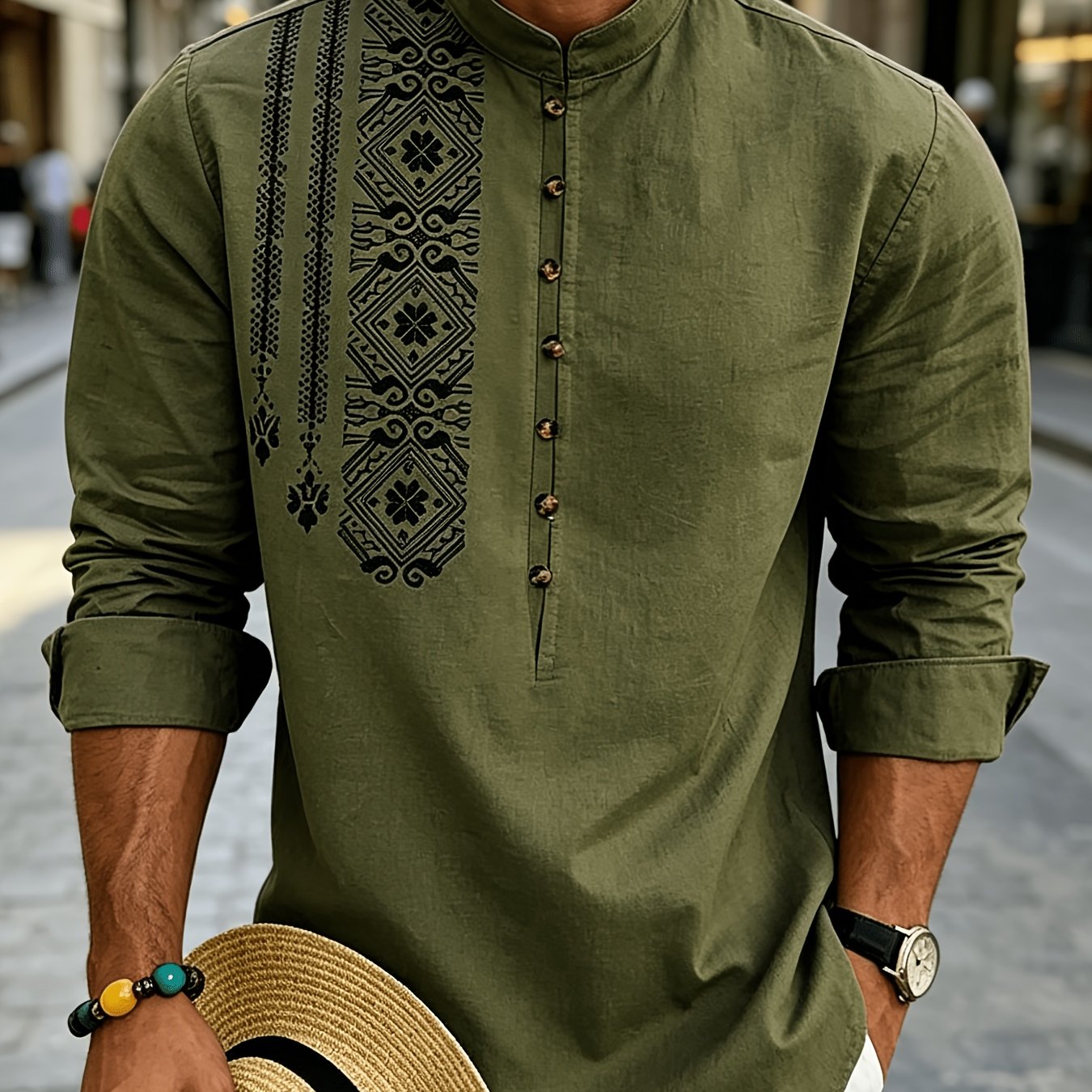TEMU New Summer Men's Linen Shirt, Long Sleeve Stand Collar Shirt With Unique Printed Linen Style, Autumn Menswear