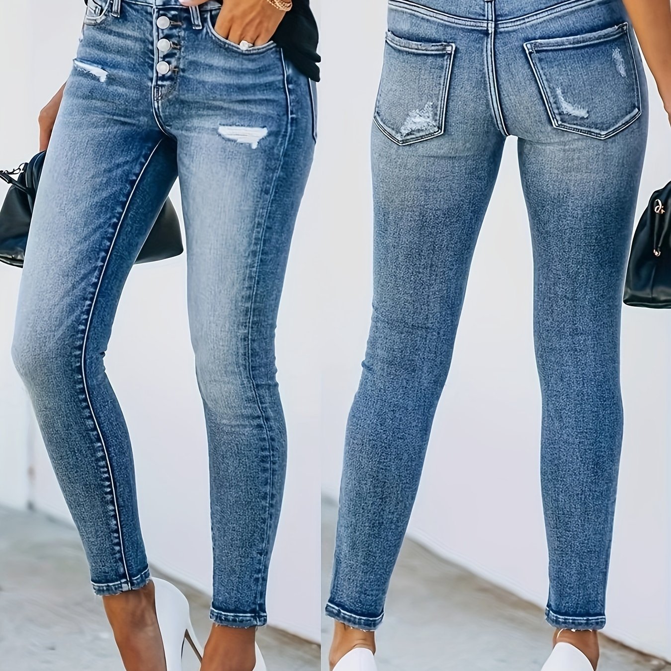 Image of 26aw Women's Elastic Vintage All-match Casual Fashion Elegant Mid-rise Pocket Machine Wash Durable Multifunctional Distressed Gradient Skinny Ripped Ankle Jeans Street Trendy Style