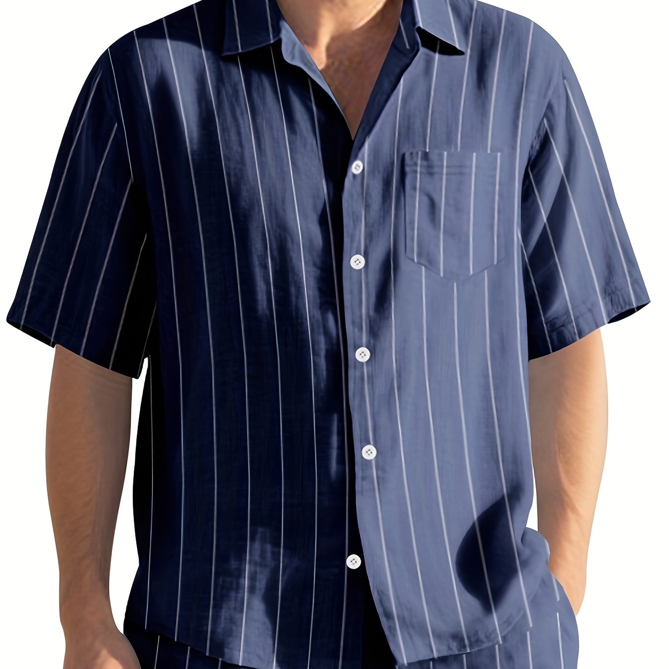 TEMU Men's Summer Short Sleeve Shirt - Vertical Striped Pattern, Breathable Regular Fit, Machine Washable, Business Casual & Casual Attire,