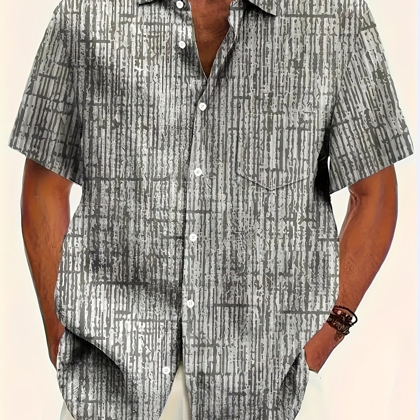 TEMU Men's Ombre Stripe And Print Short Sleeve Lapel Collar Shirt - Breathable Stretch Polyester Fabric, Machine Washable, Casual Fashion Wear For