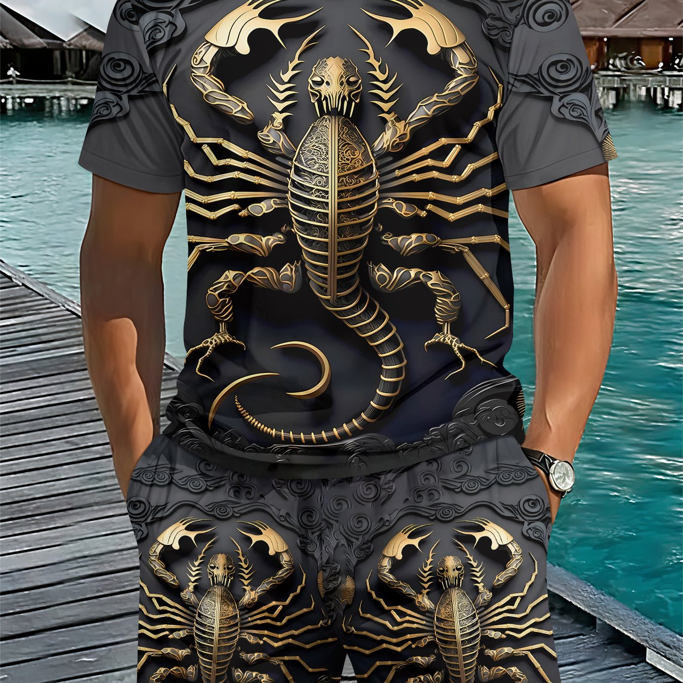 TEMU Men's 3d Digital Printing Crew Neck Short-sleeve Set - Dark Mysterious Style, Golden Totem Print 2pcs Set, Suitable For Body Types And Scenes, A
