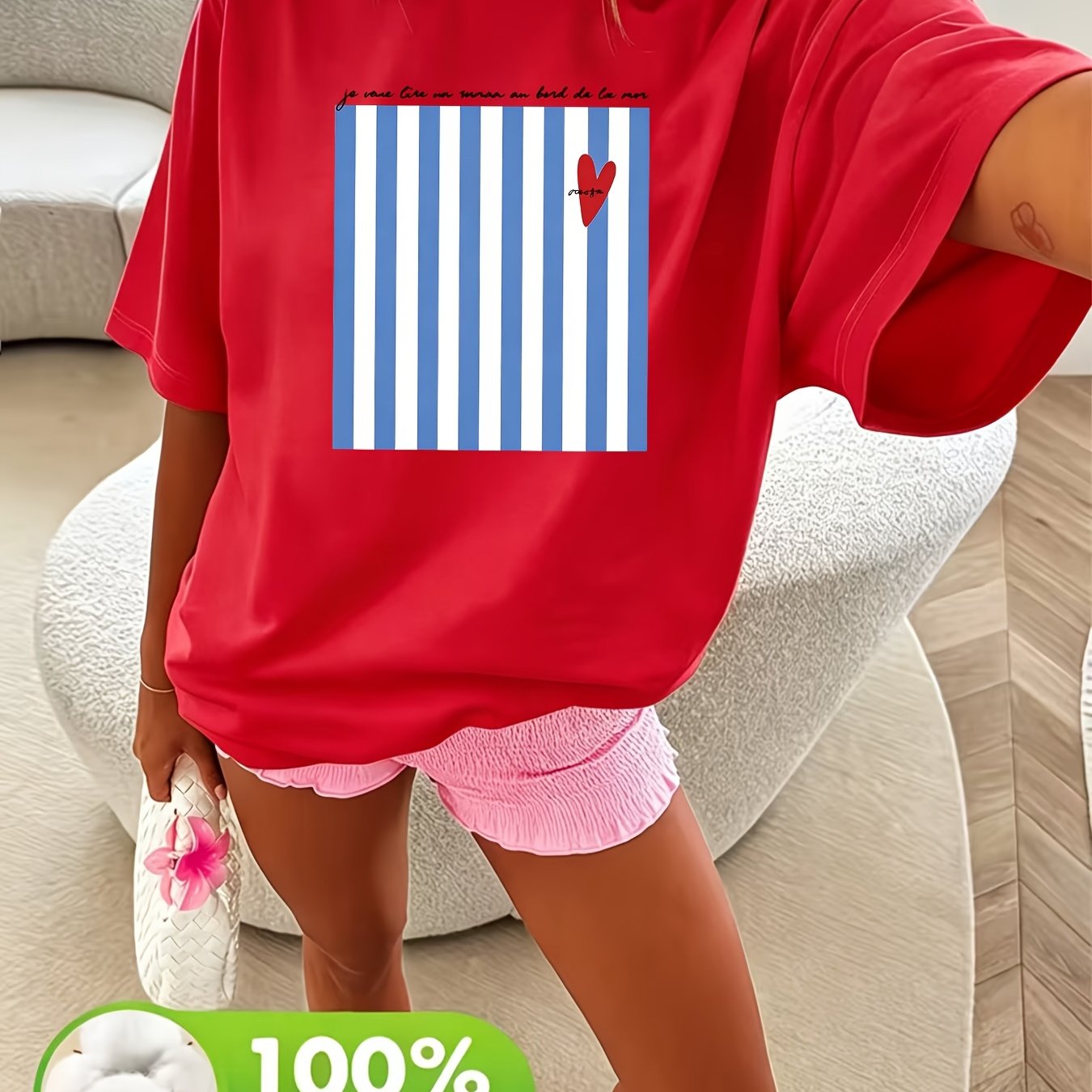 TEMU With Small Red Heart Letter Print Short Sleeve T-shirt For Women, Fresh, Loose-fitting, And Versatile Top
