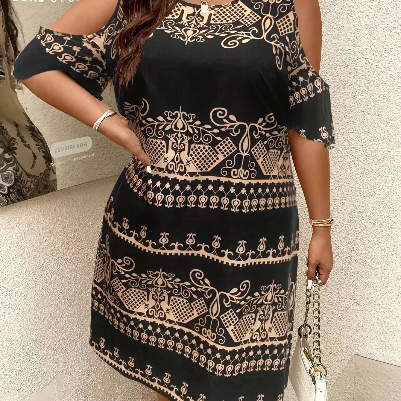 Plus Size - Plus Size - Plus-size Vintage Printed Short-sleeve Dress For Women