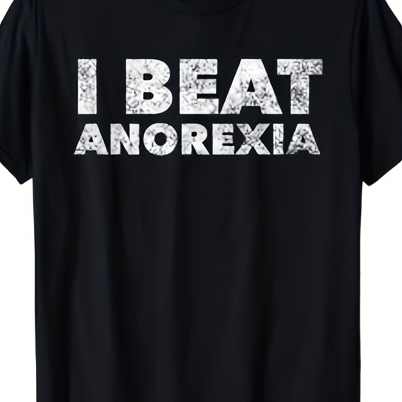 TEMU Men's Plus Size Black " Anorexia" T-shirt - Distressed White Slogan Mental Health Awareness Tee, Breathable Regular Fit Casual Shirt, Suitable