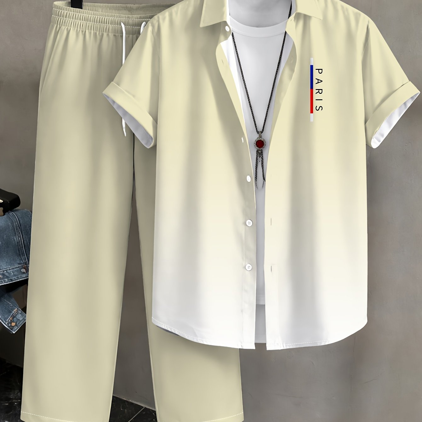 TEMU Men's Summer Casual Print Short Sleeve Shirt And Long Pants 2pcss Set Short Shirt Daily Wear Men's 2pcss Outfit Casual Outdoor Print Long Pants