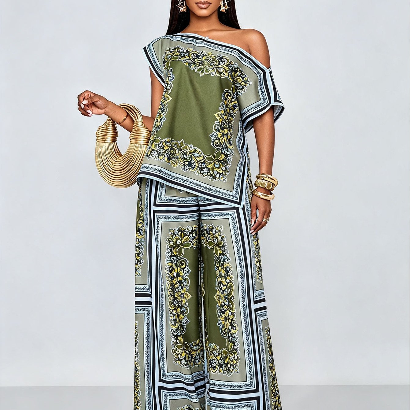 TEMU Women's New Summer Bohemian Tropical European-style Tropical Floral Striped Color-block Print 2pcs Set: Off-shoulder Short Sleeve Elegant Top