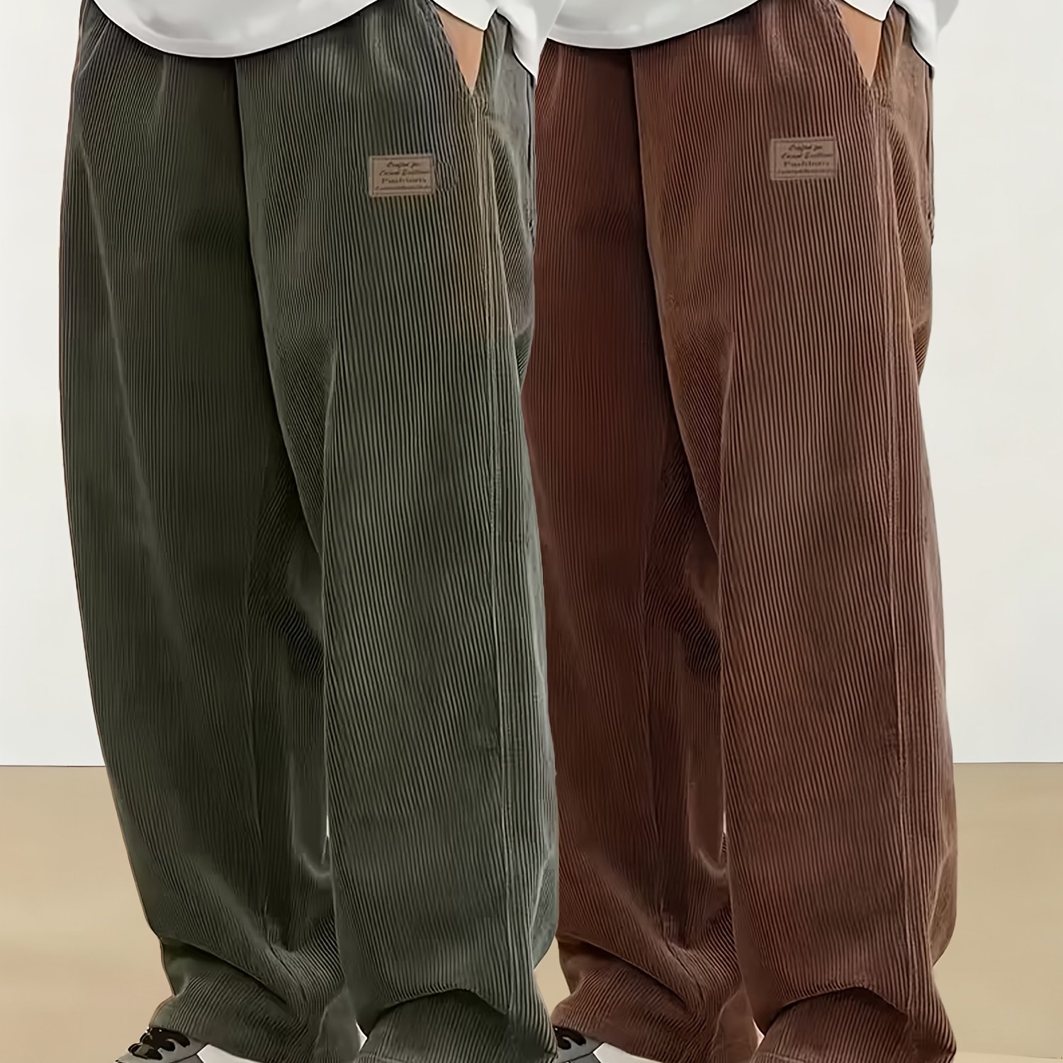 TEMU 2pcs Pantalons Homme Couleur Unie Style Rétro Ample en Flanelle Jambe Droite, Essentiels Automne/Hiver