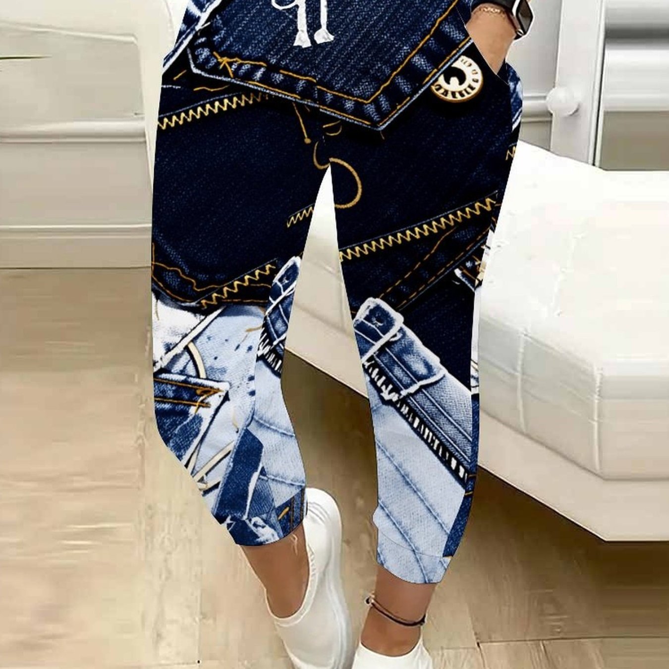 TEMU [printed Pants - Not Denim Fabric] Women' Denim Printed Pants - Elastic Waist Tapered Suitable For Casual & Dressy Wear, Denim-themed Long Pants