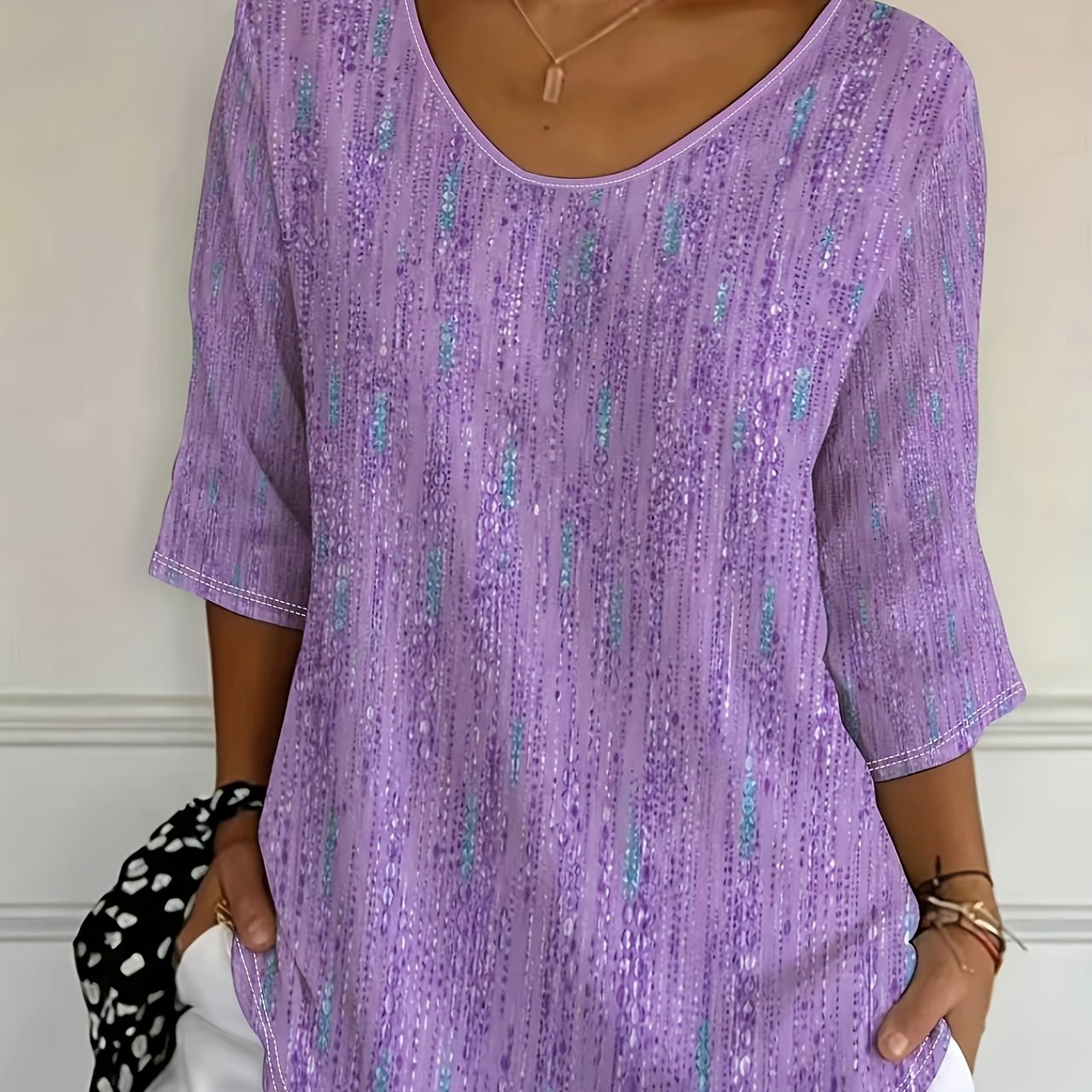 TEMU Plus Size - [print Design, Not Texture] Spring Casual Women's Easy Printed T-shirt, 3/4 Sleeves, Suitable For Daily Commuting Attire