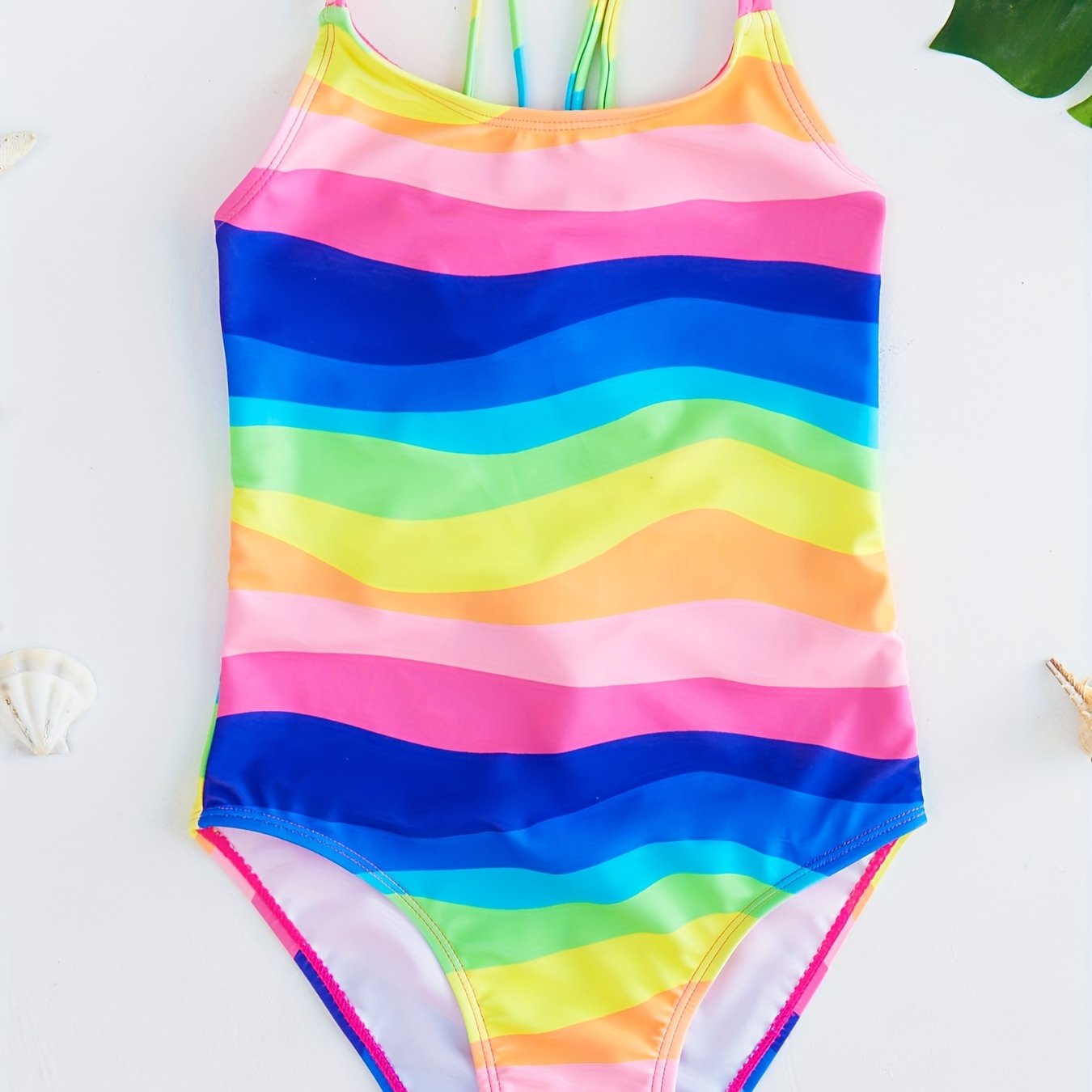 Image of Girls 1-piece Stylish & Stretchy Colorful Striped Double Crisscross Back Swimsuit For Pool Party & Swimming